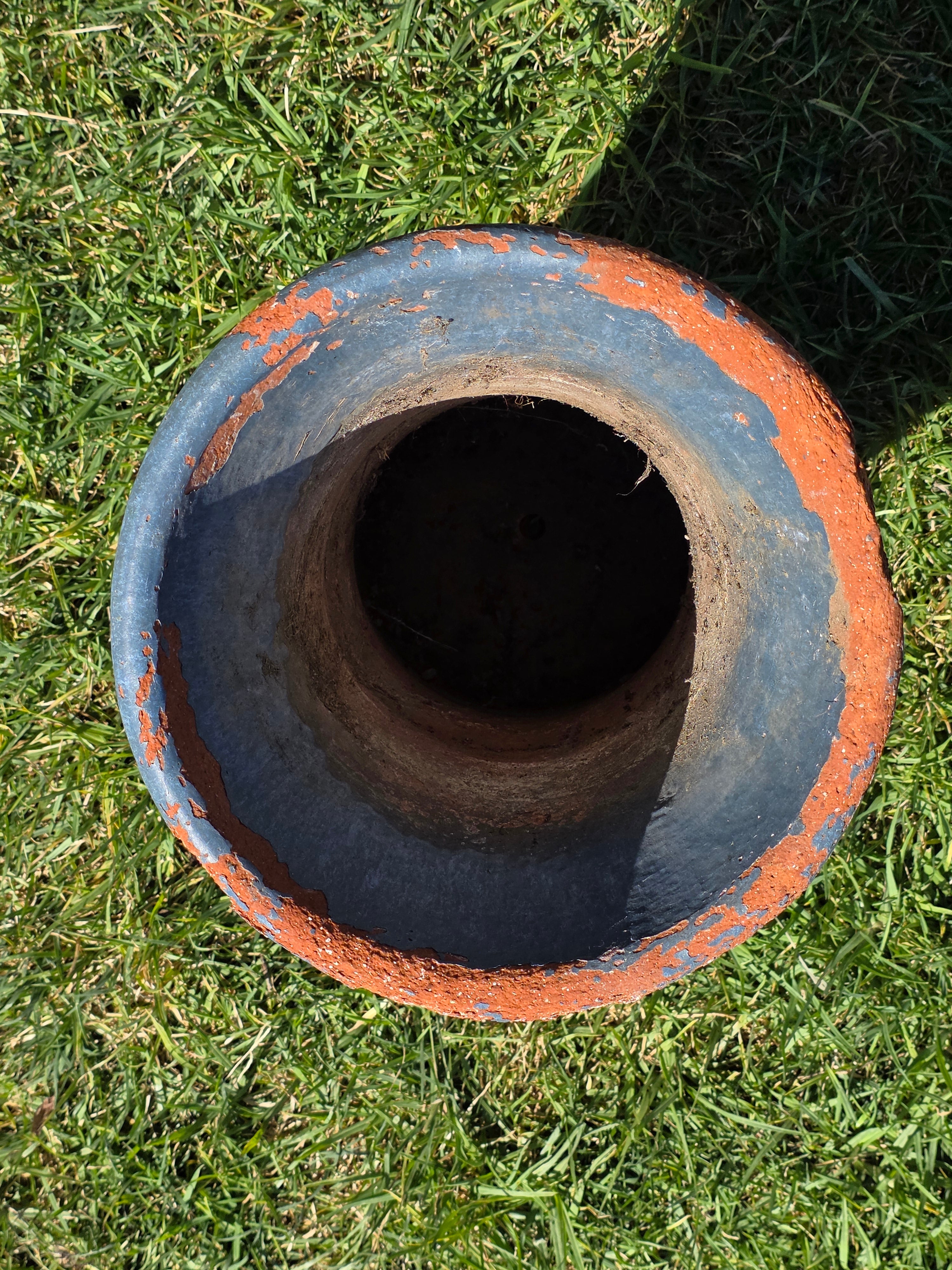 Vintage Mid Century Terracotta Planter Urn Blue Scaled Garden Pot 17"