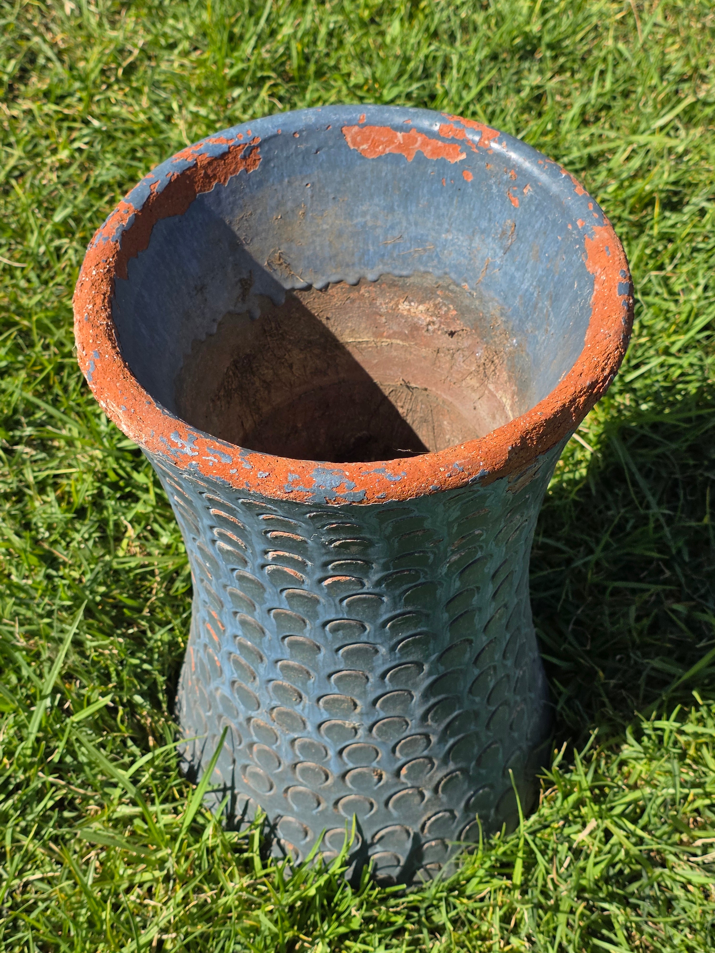 Vintage Mid Century Terracotta Planter Urn Blue Scaled Garden Pot 17"