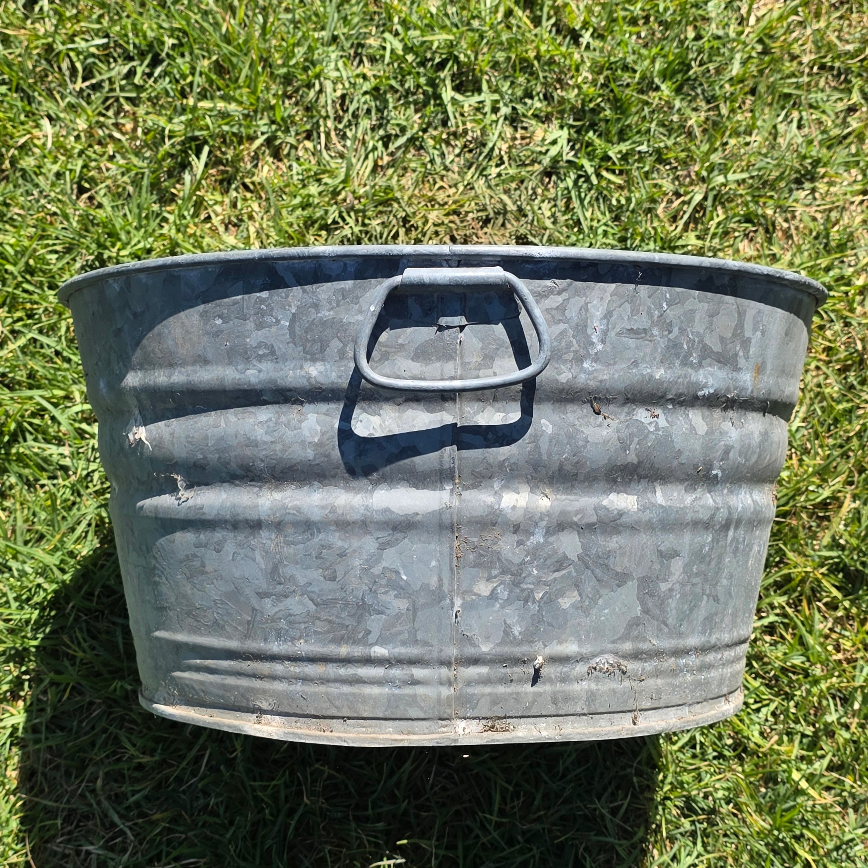 Vintage Galvanized Metal Round Tub Planter 19"W x 10"H Drain Hole Washtub Garden