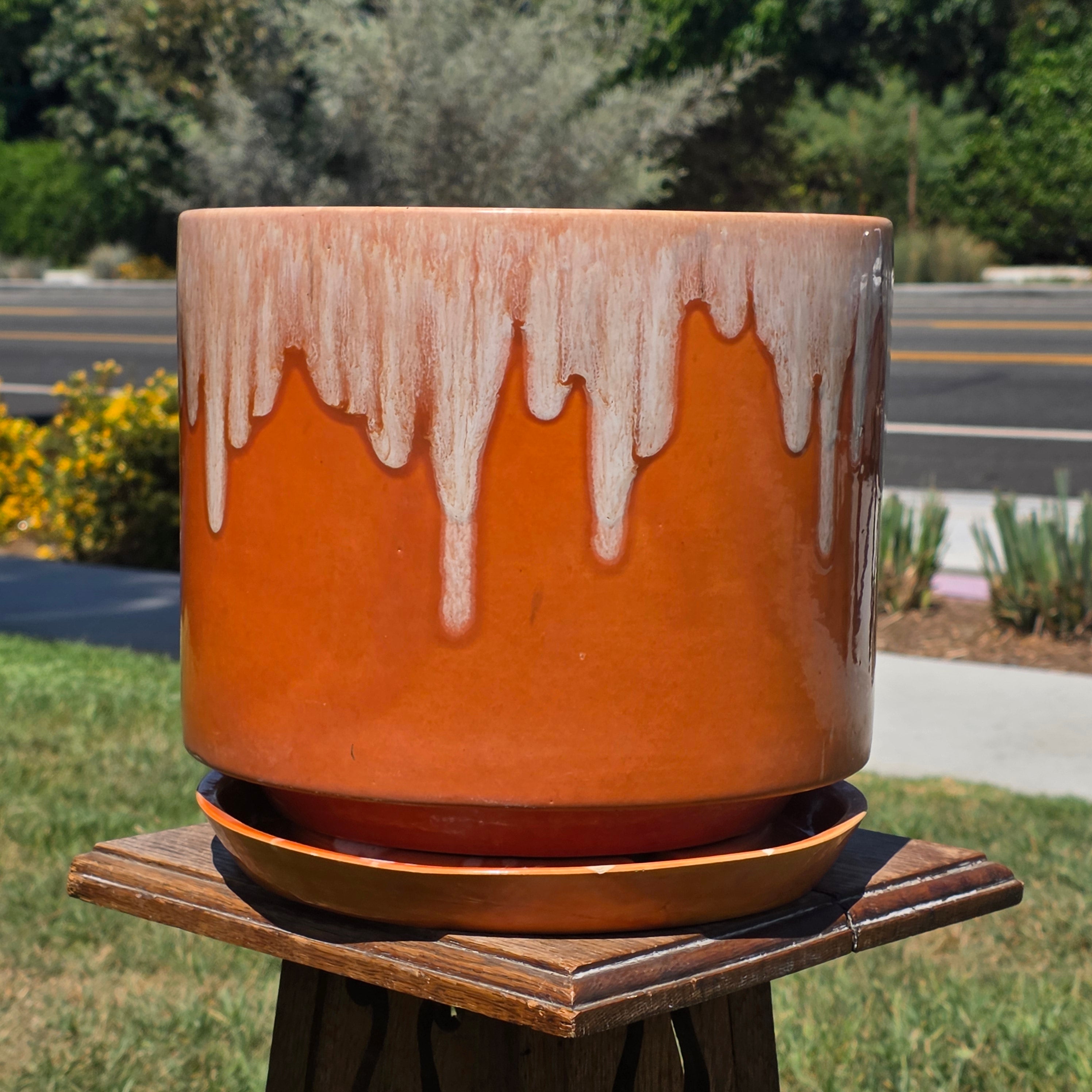 Vtg 1977 California Pottery Planter Pot Saucer Set CJ10 Drip Glaze Gainey Style