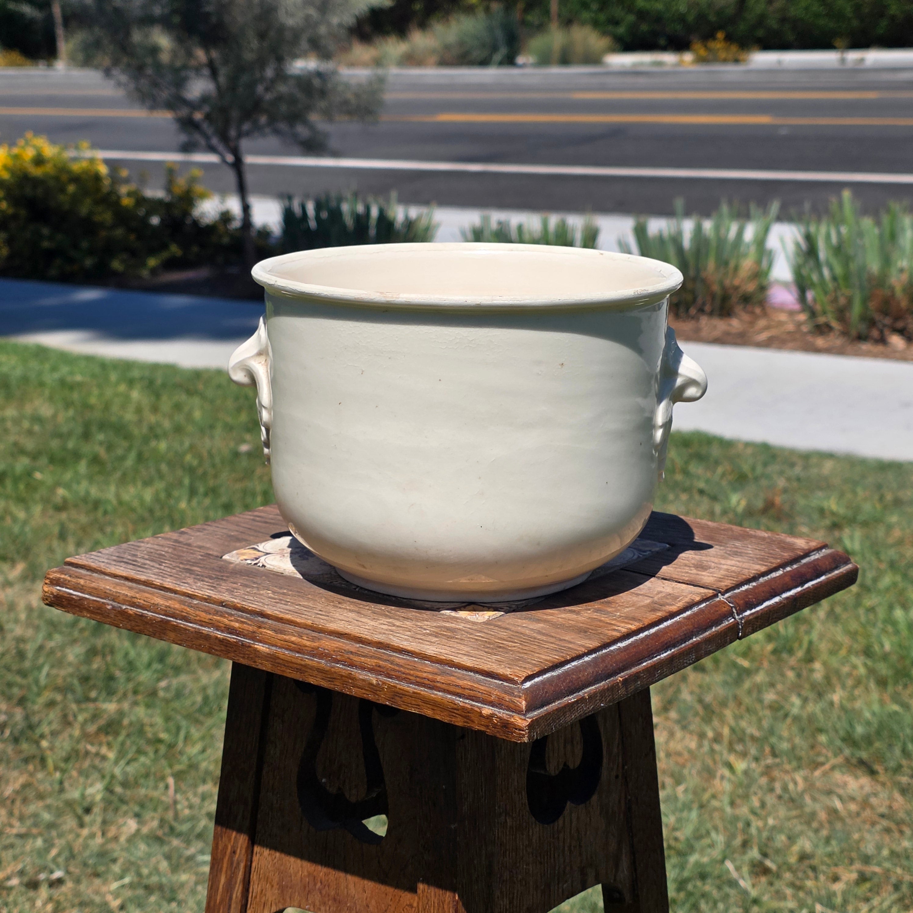 Vintage Czecho-Slovakia White Pottery Planter Cachepot Jardiniere Leaf Handles