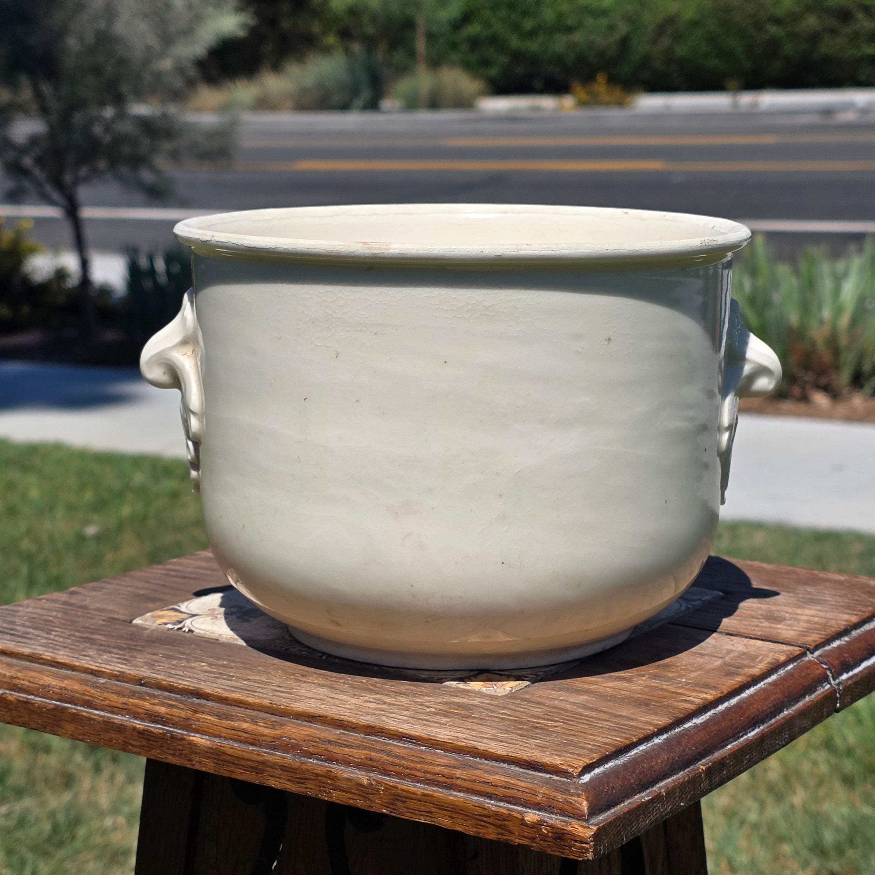 Vintage Czecho-Slovakia White Pottery Planter Cachepot Jardiniere Leaf Handles