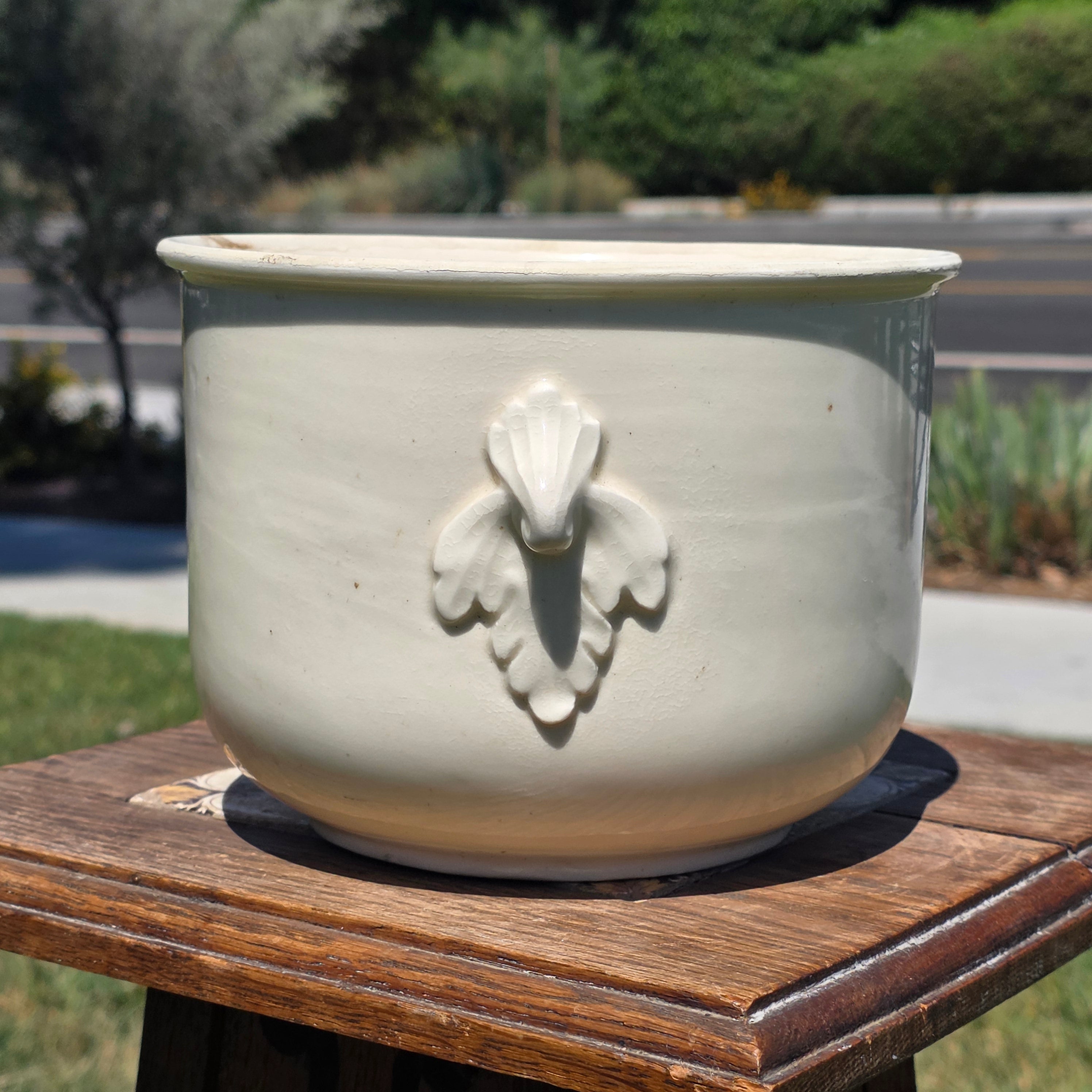 Vintage Czecho-Slovakia White Pottery Planter Cachepot Jardiniere Leaf Handles