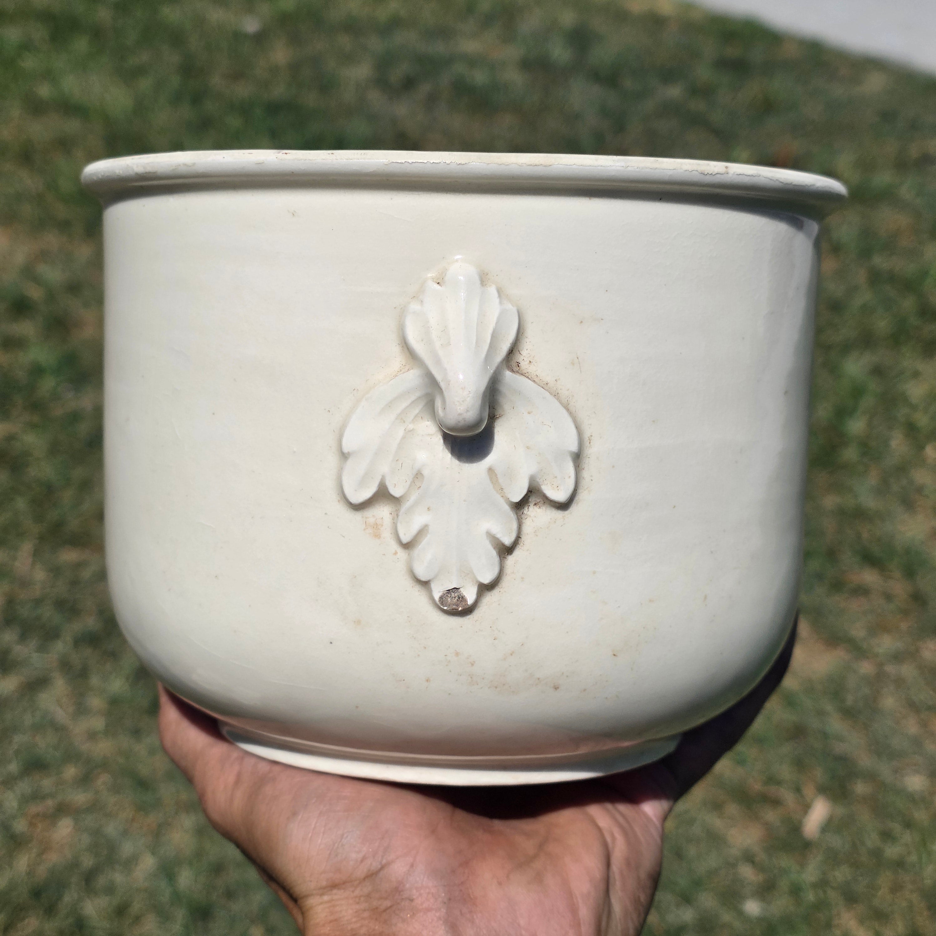Vintage Czecho-Slovakia White Pottery Planter Cachepot Jardiniere Leaf Handles