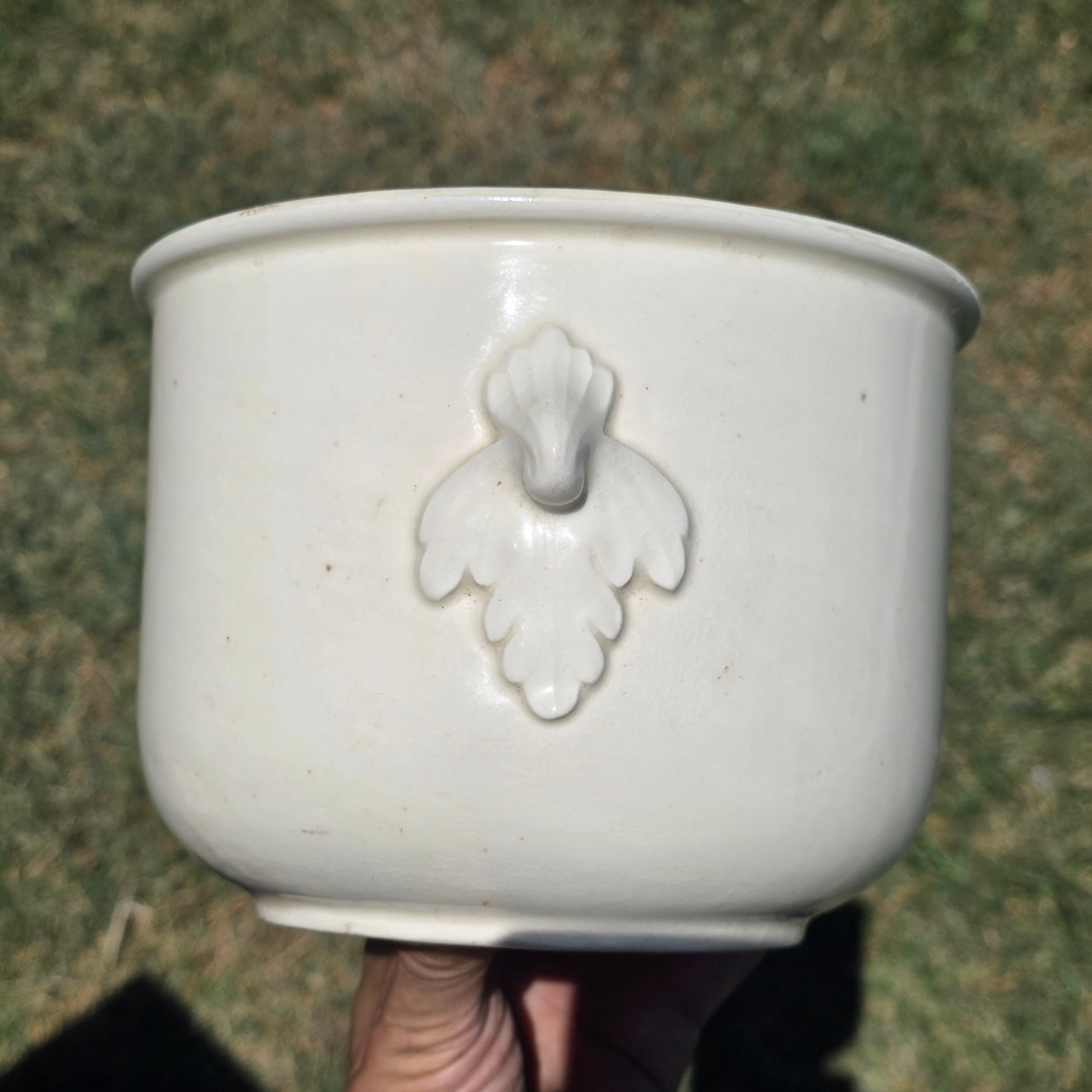 Vintage Czecho-Slovakia White Pottery Planter Cachepot Jardiniere Leaf Handles