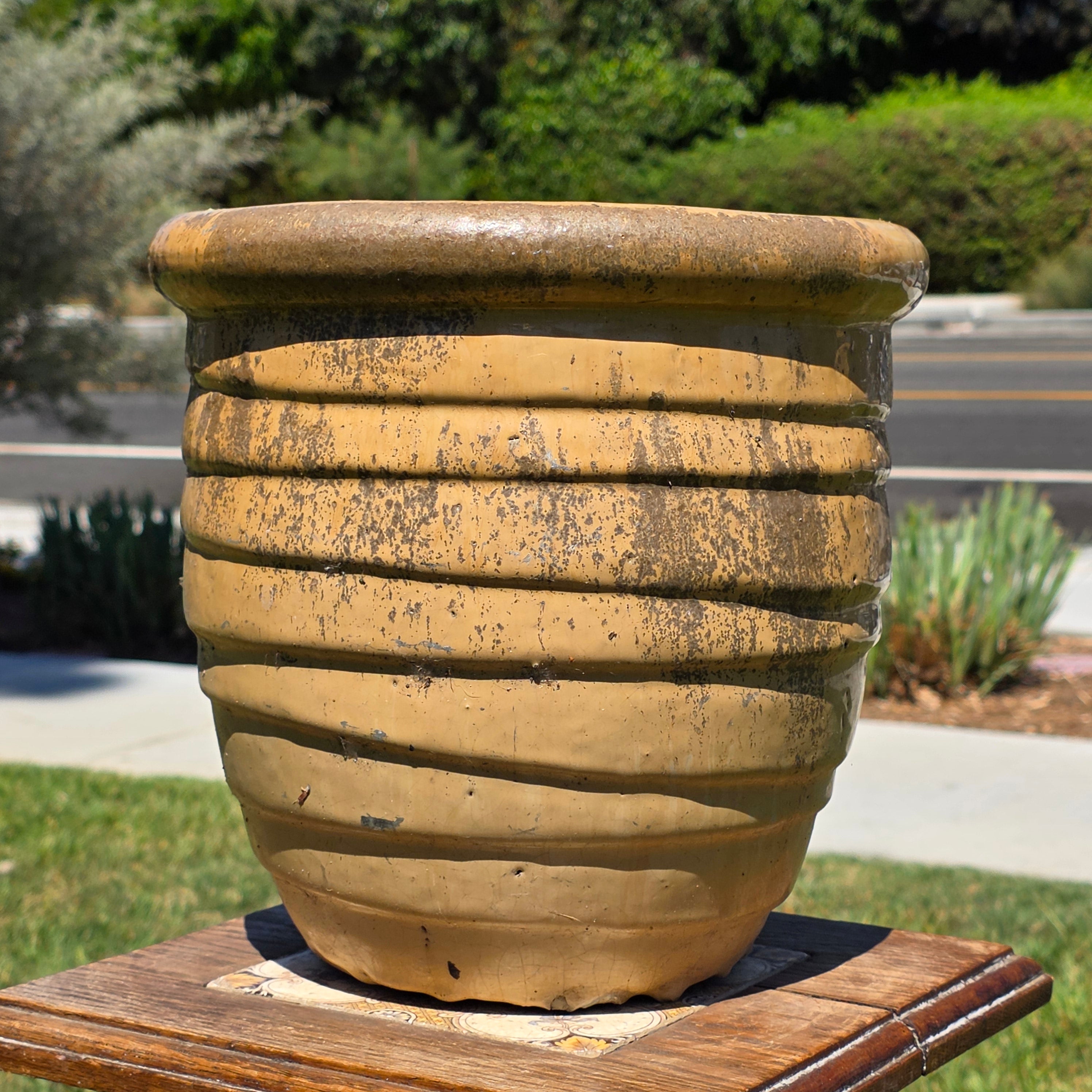 Honey Beige Ribbed Beehive Planter Pot Heavy Glazed Ceramic Farmhouse Garden Decor