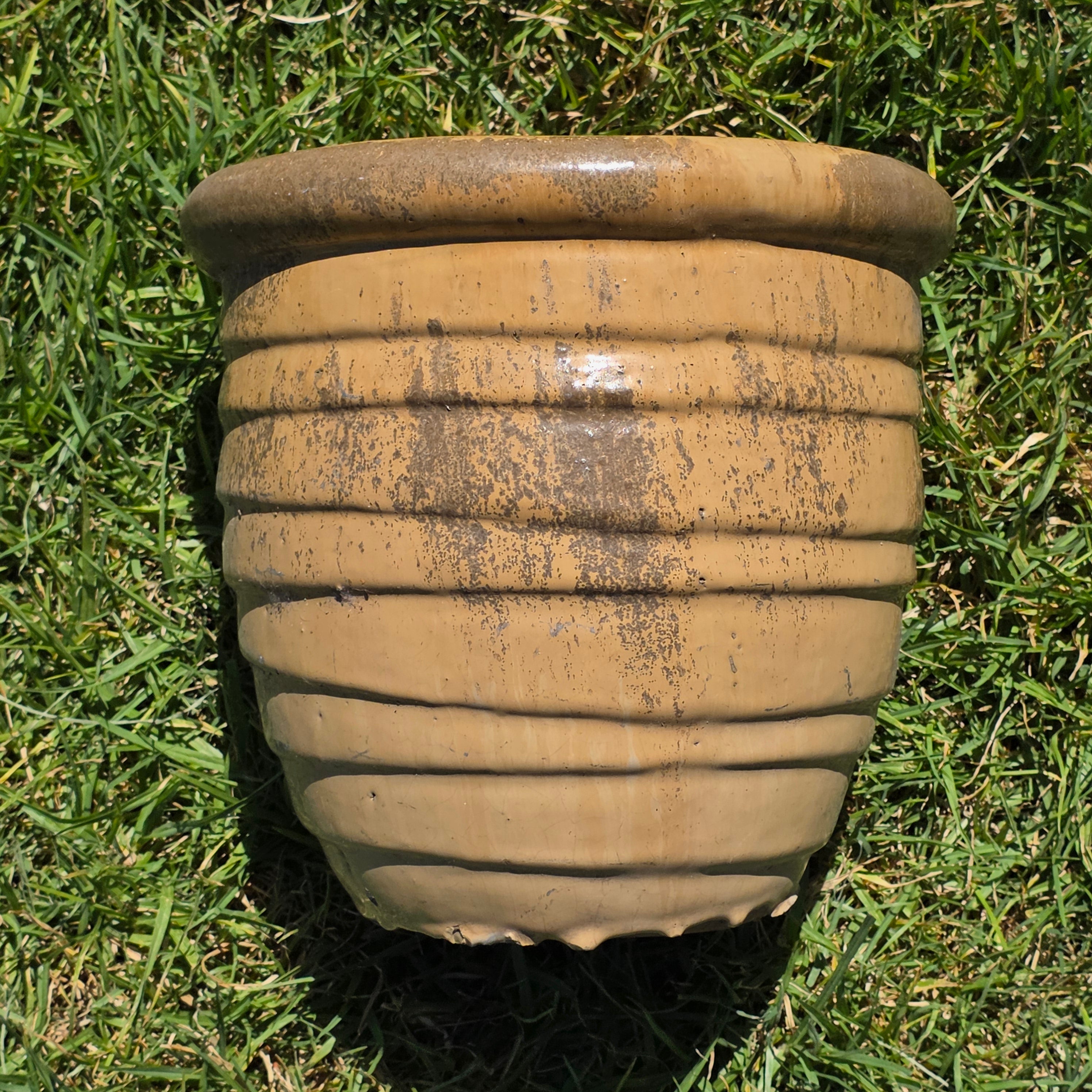 Honey Beige Ribbed Beehive Planter Pot Heavy Glazed Ceramic Farmhouse Garden Decor
