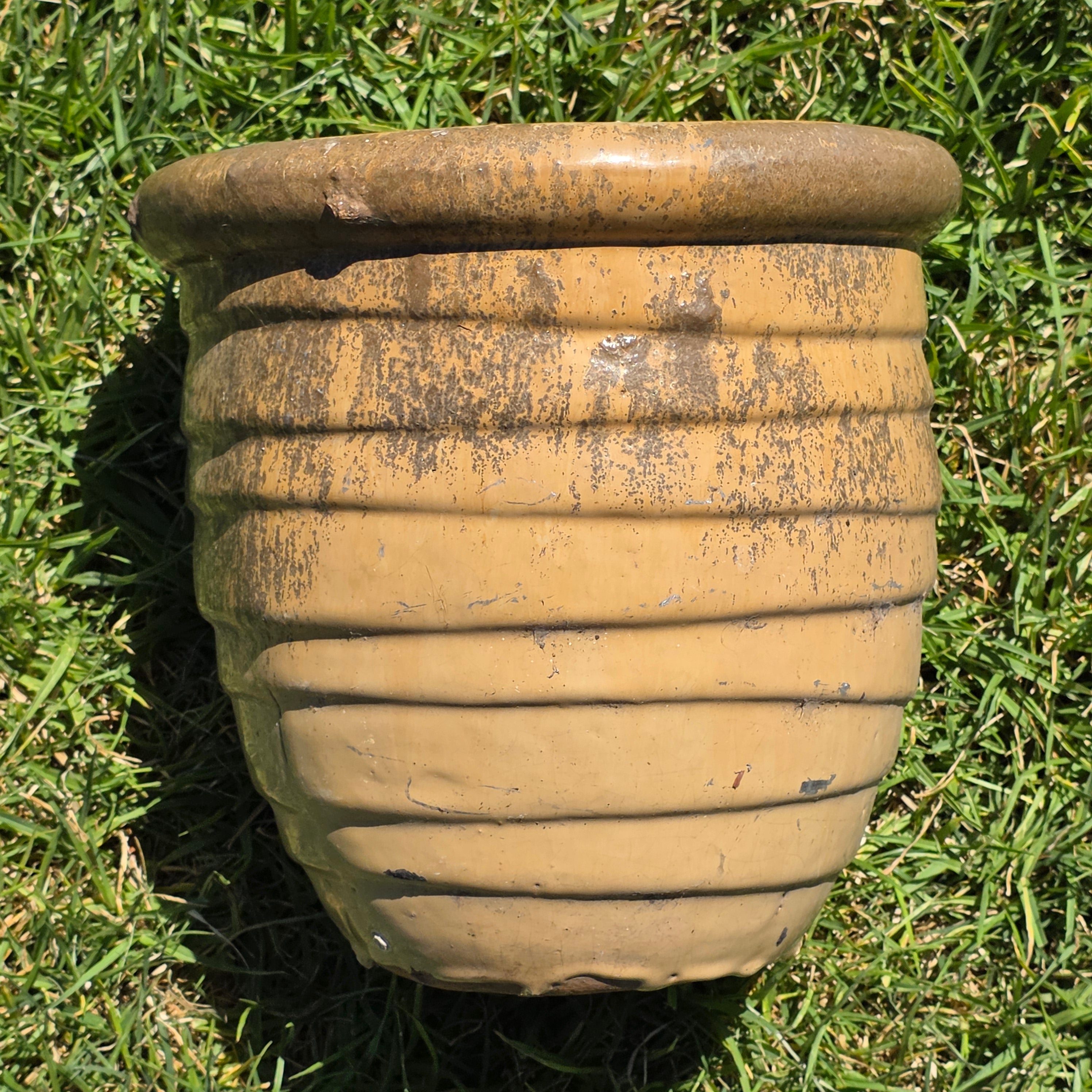 Honey Beige Ribbed Beehive Planter Pot Heavy Glazed Ceramic Farmhouse Garden Decor