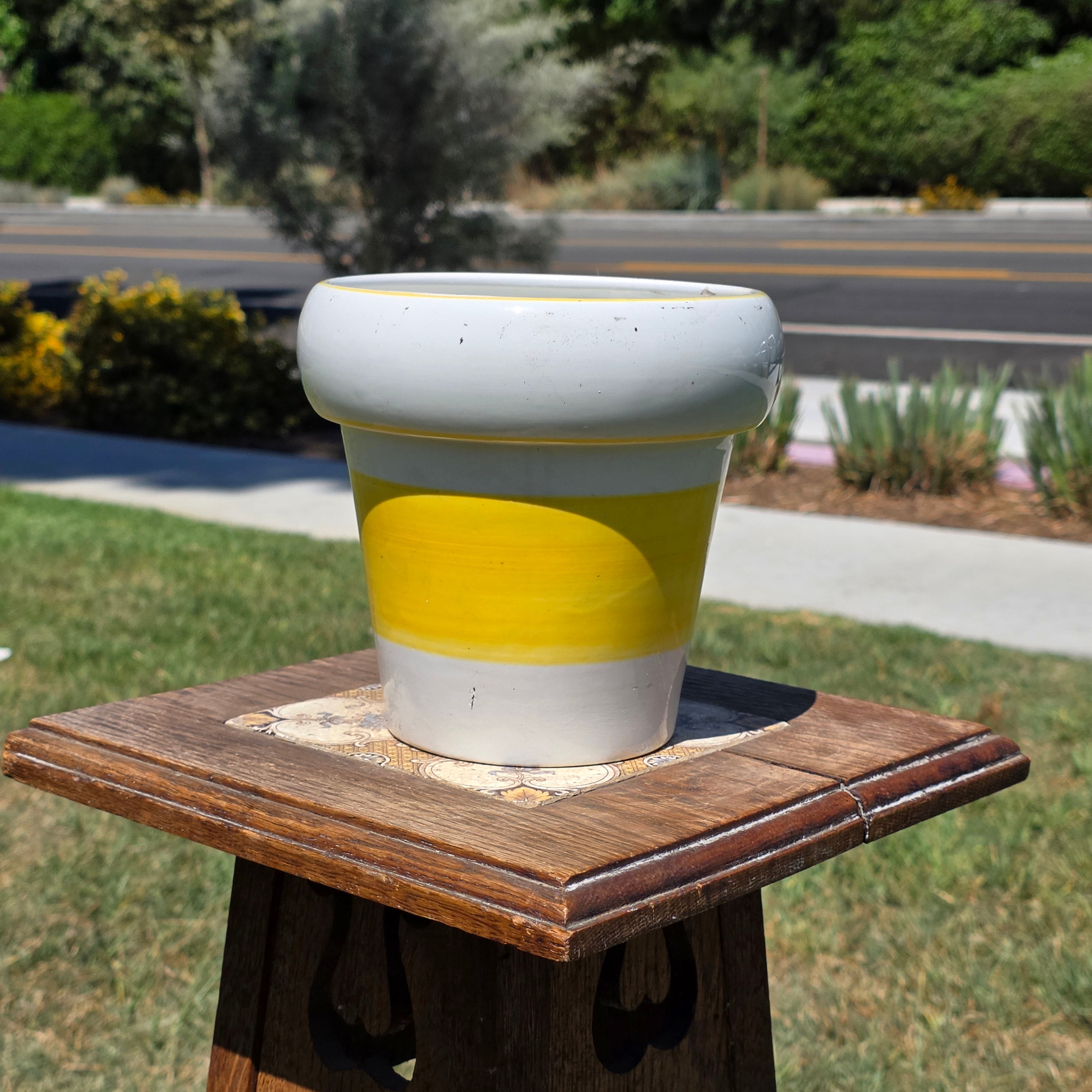 Vintage Mideramica Rubel Portugal Yellow White Stripe Ceramic Planter Pot 7"