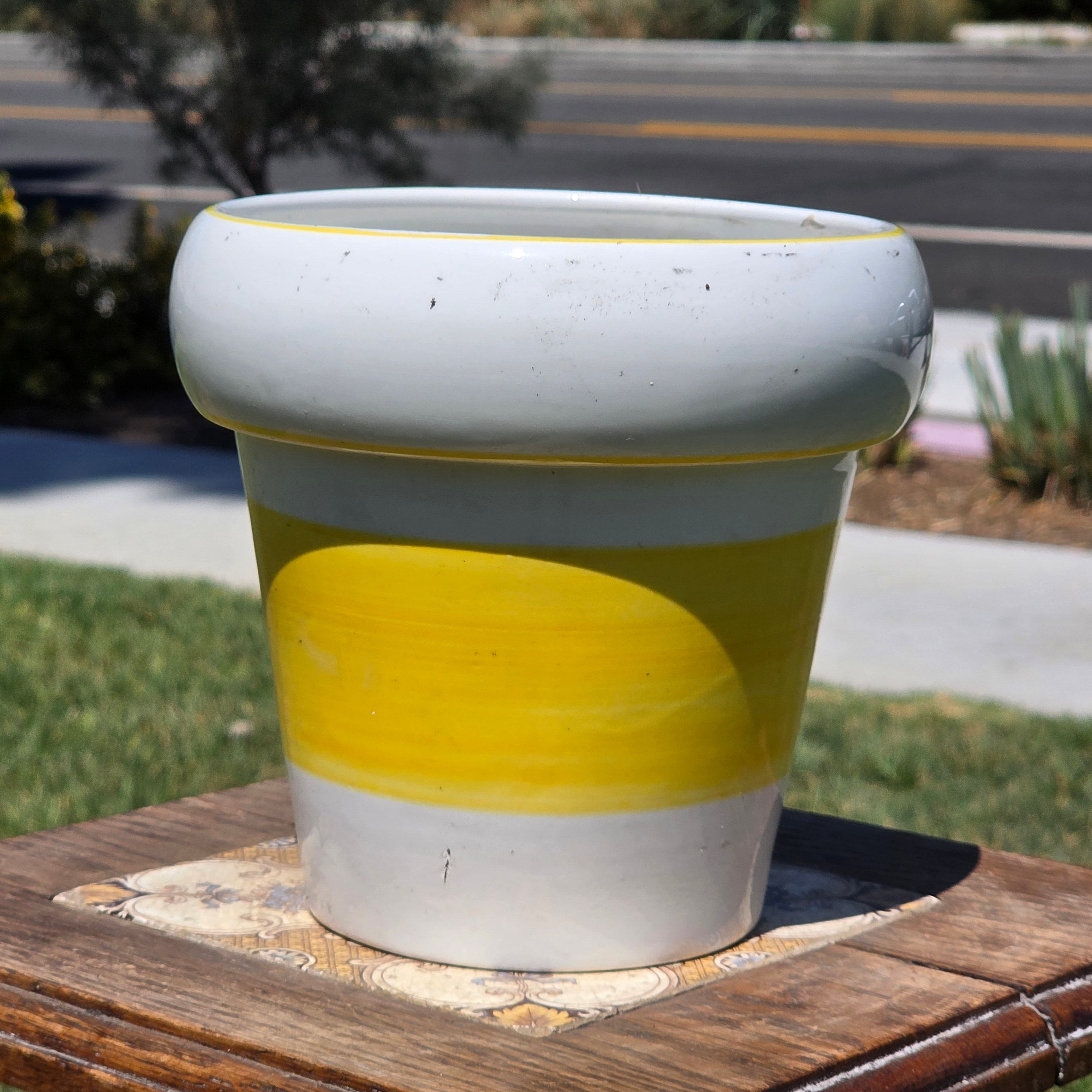 Vintage Mideramica Rubel Portugal Yellow White Stripe Ceramic Planter Pot 7"