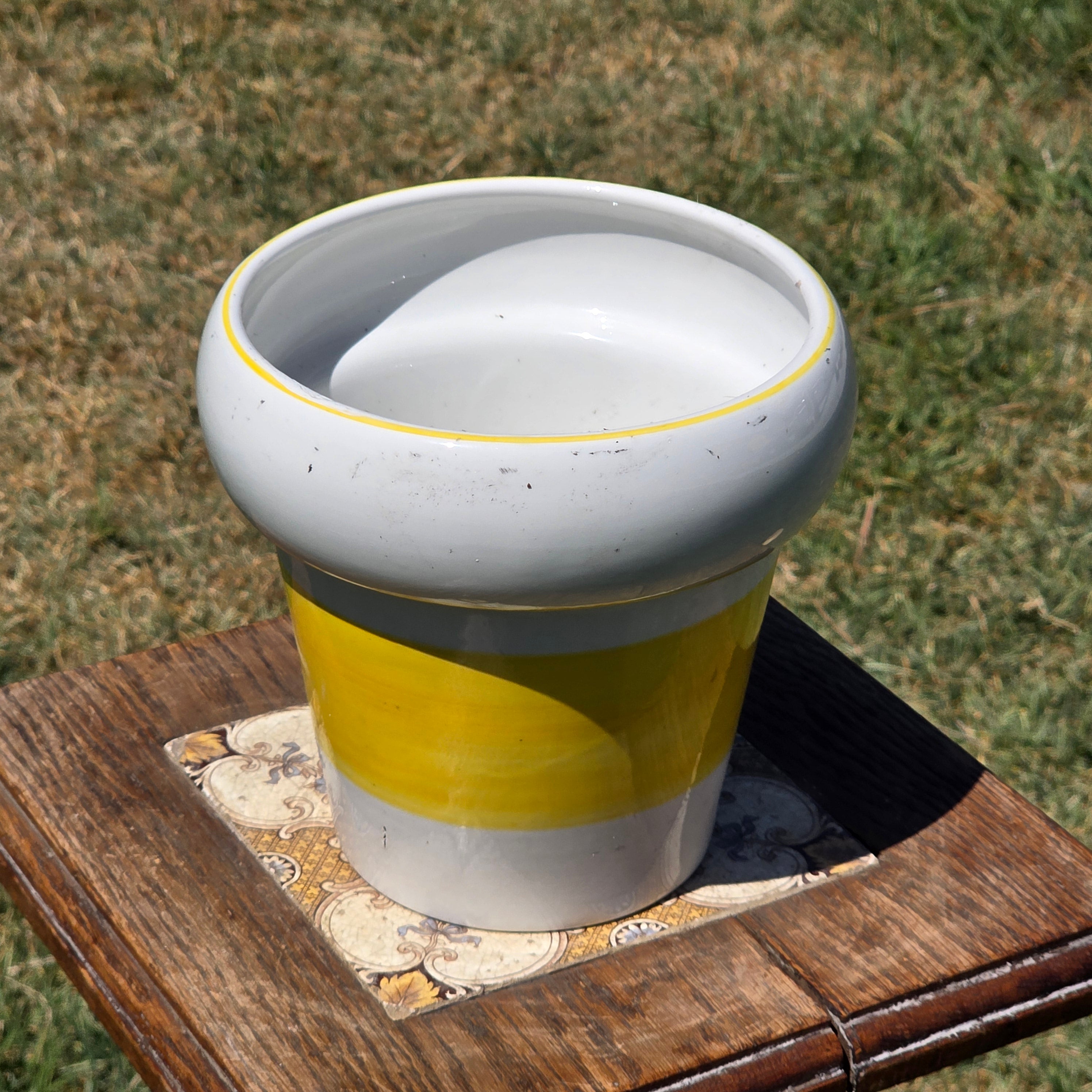 Vintage Mideramica Rubel Portugal Yellow White Stripe Ceramic Planter Pot 7"