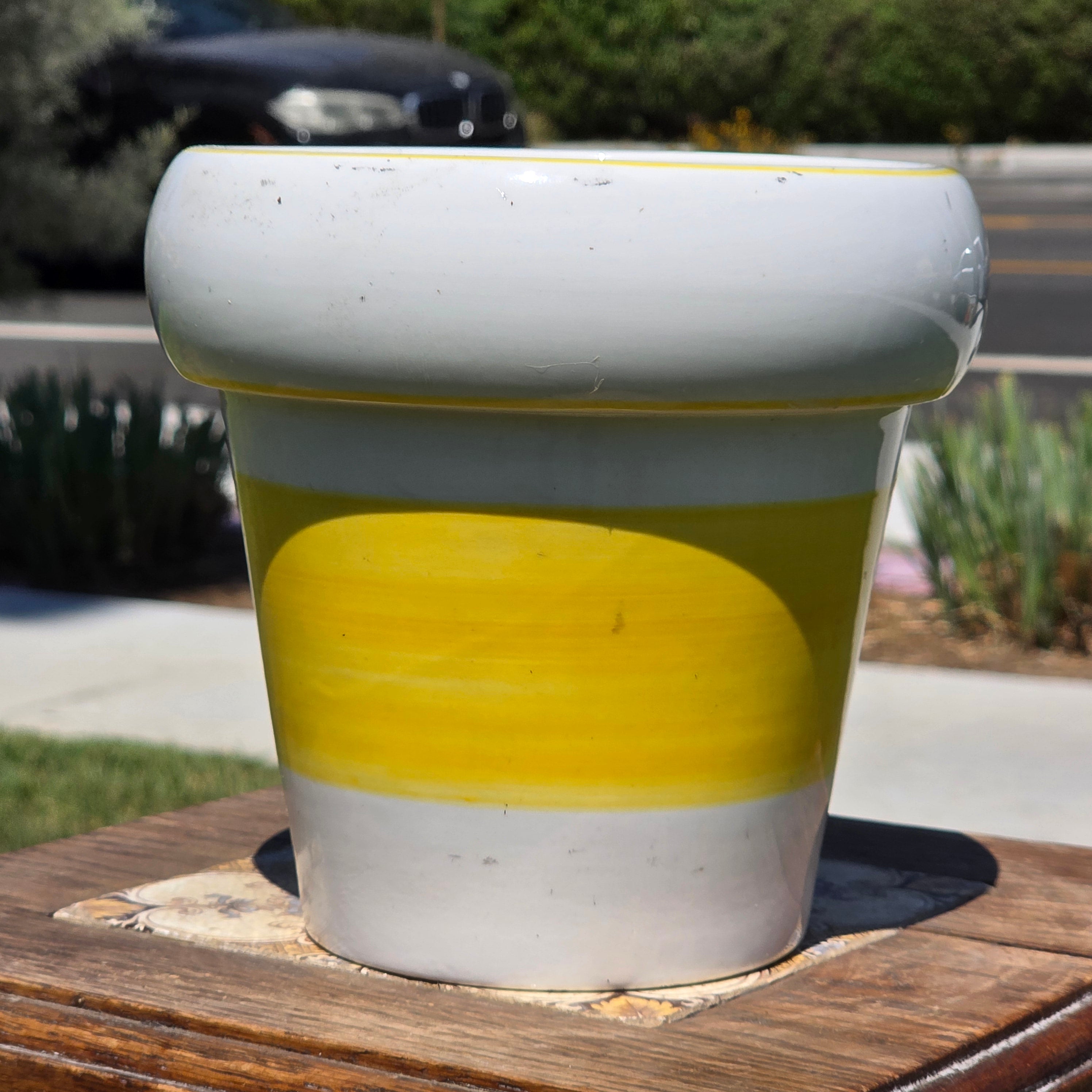 Vintage Mideramica Rubel Portugal Yellow White Stripe Ceramic Planter Pot 7"