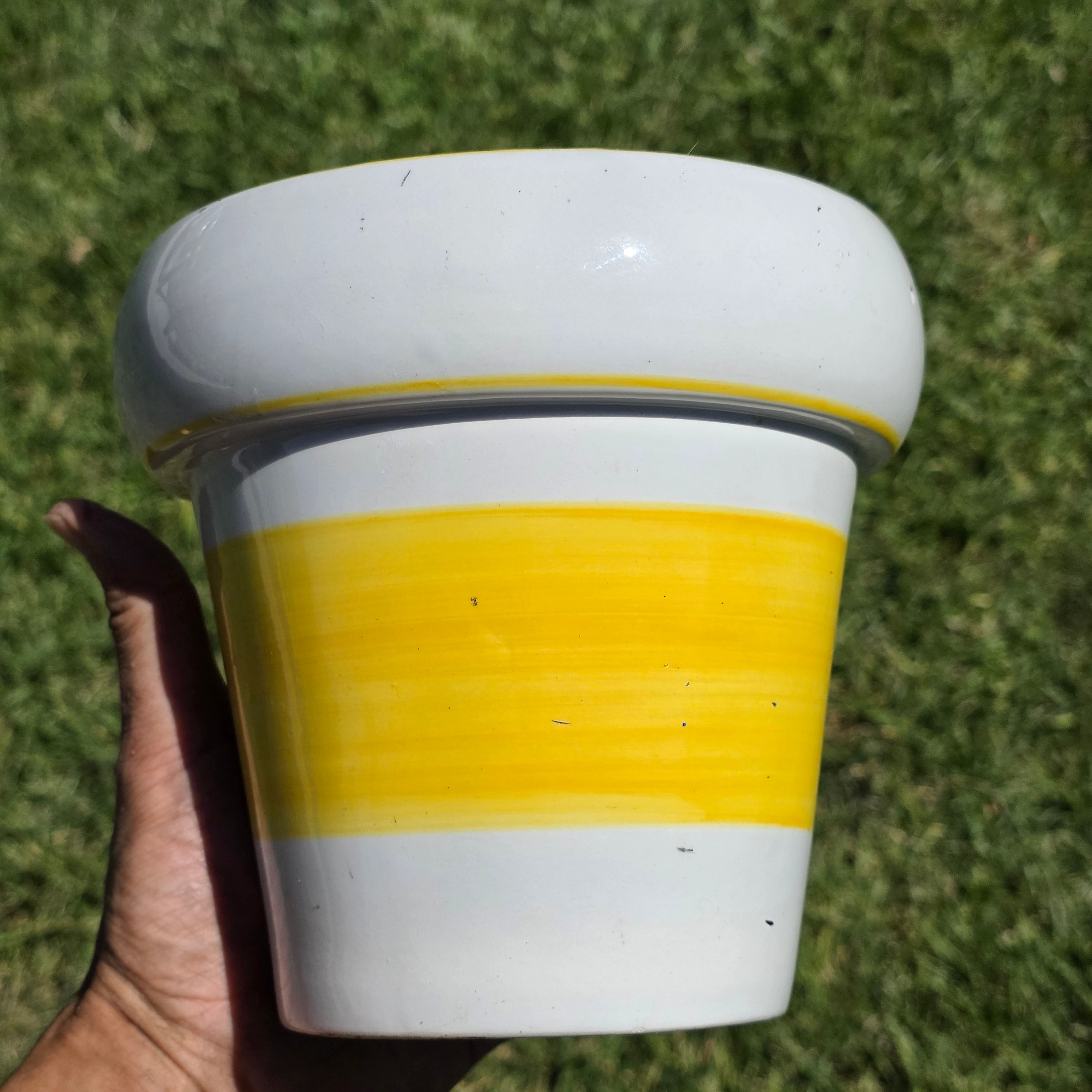 Vintage Mideramica Rubel Portugal Yellow White Stripe Ceramic Planter Pot 7"