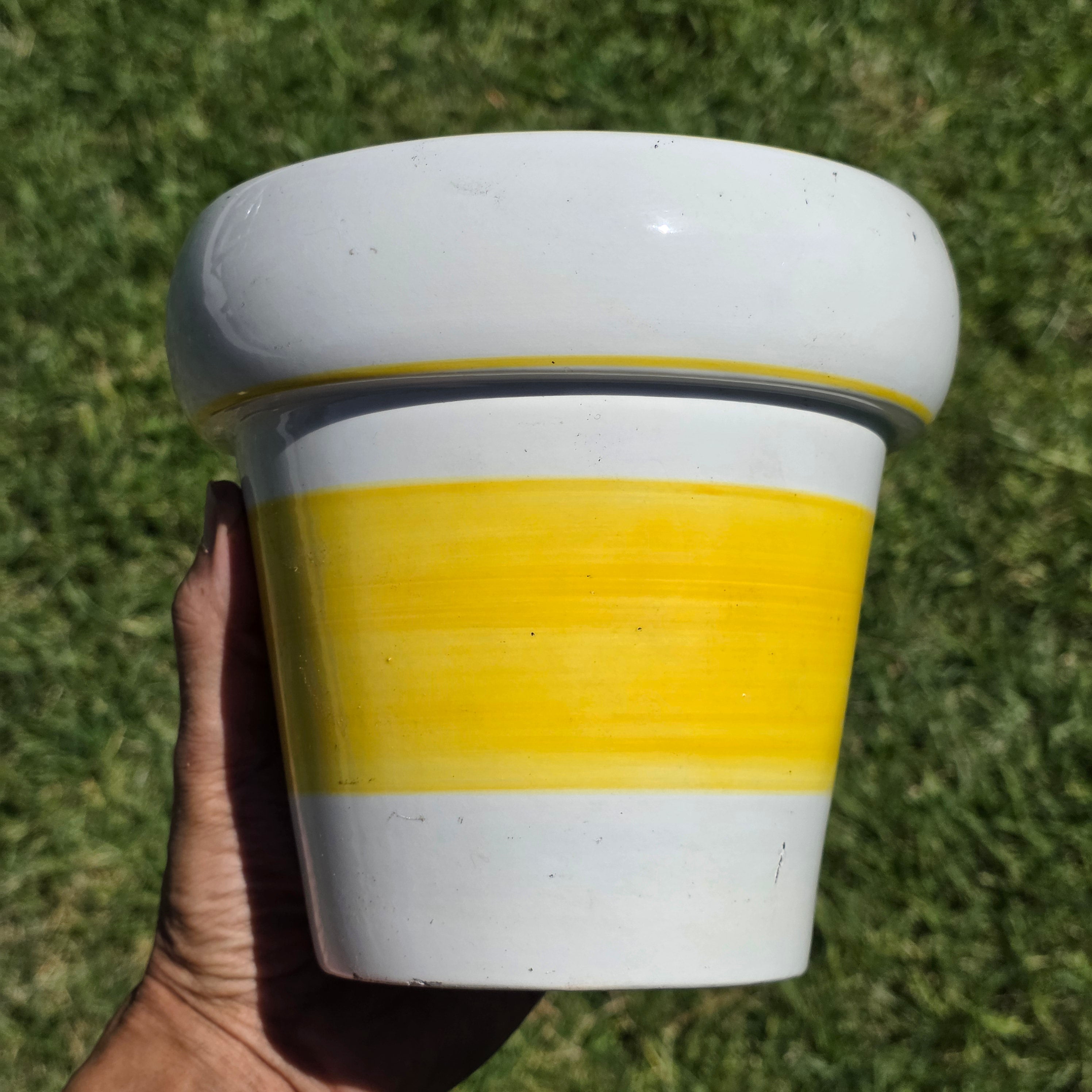 Vintage Mideramica Rubel Portugal Yellow White Stripe Ceramic Planter Pot 7"