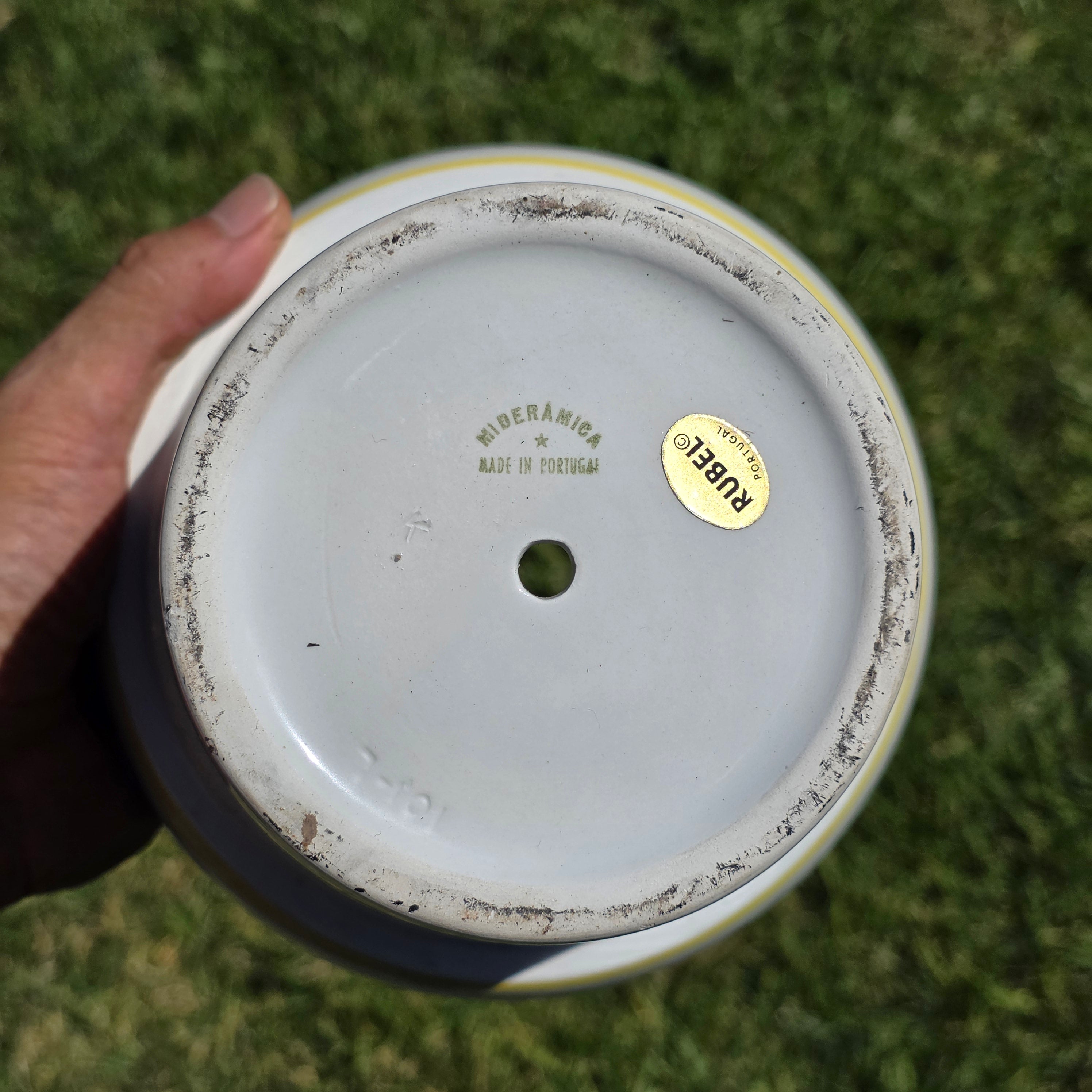 Vintage Mideramica Rubel Portugal Yellow White Stripe Ceramic Planter Pot 7"