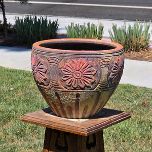 Vintage Terracotta Planter Clay Pot Carved Floral Rustic Garden Urn 12.5" x 9.5"