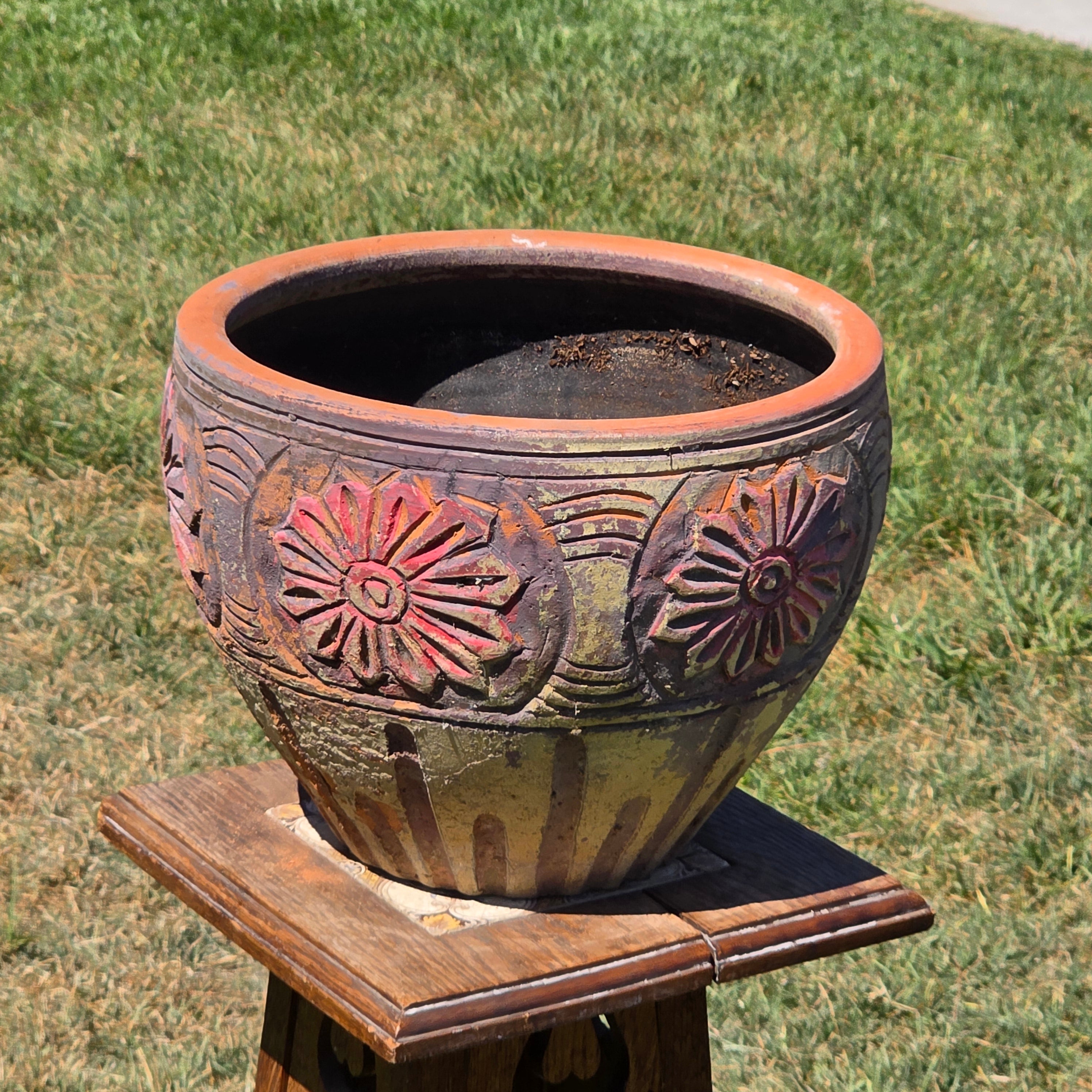 Vintage Terracotta Planter Clay Pot Carved Floral Rustic Garden Urn 12.5" x 9.5"