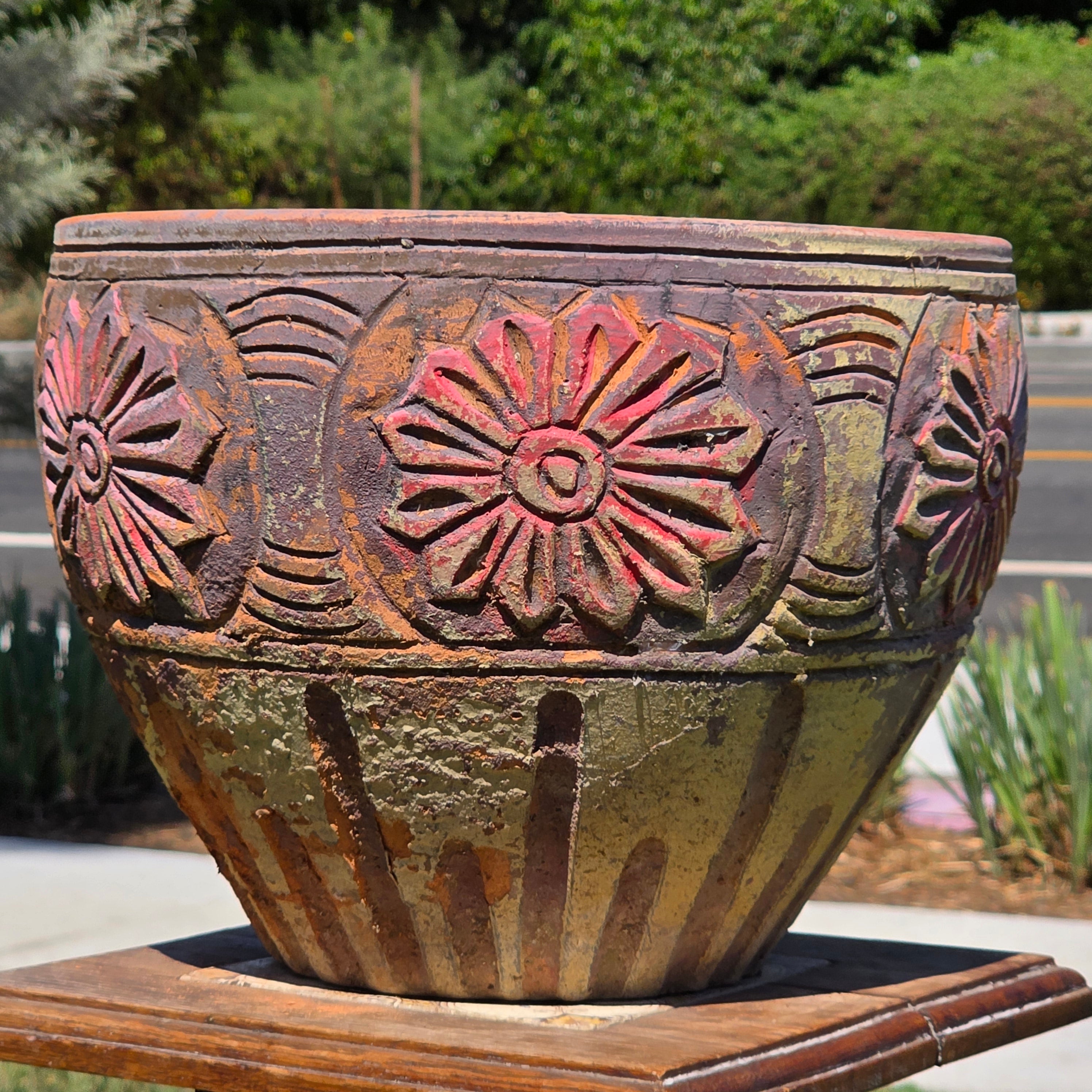 Vintage Terracotta Planter Clay Pot Carved Floral Rustic Garden Urn 12.5" x 9.5"
