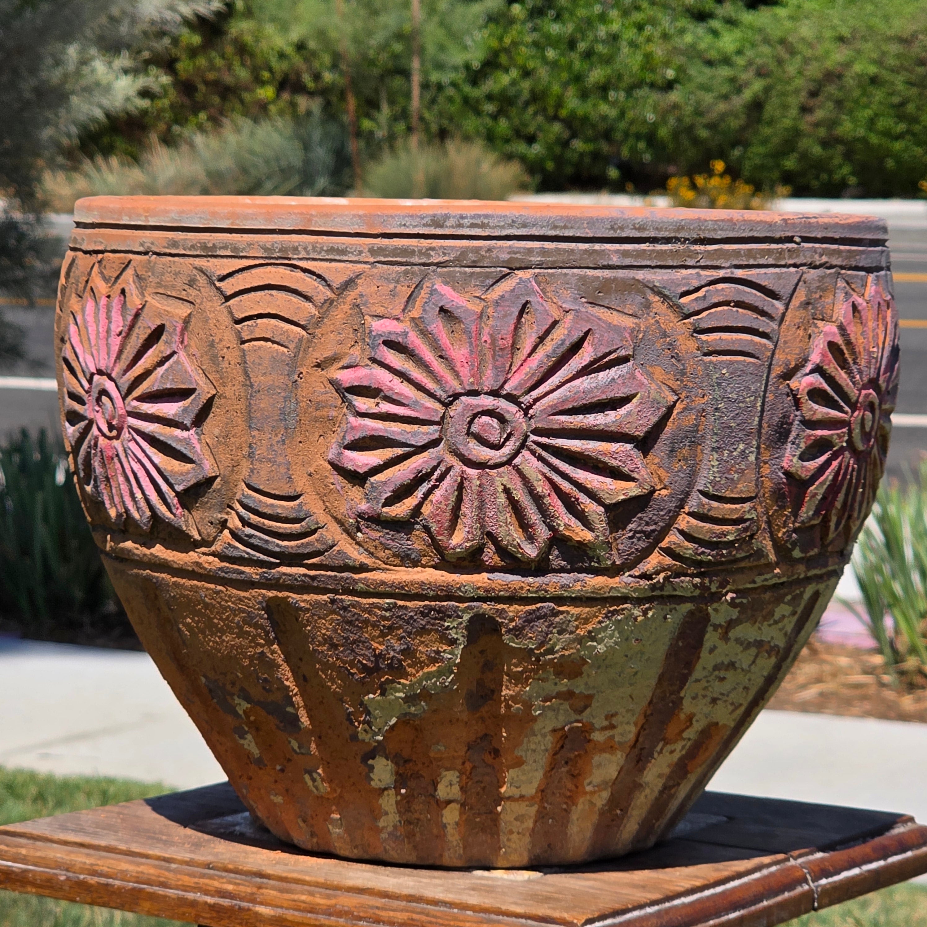 Vintage Terracotta Planter Clay Pot Carved Floral Rustic Garden Urn 12.5" x 9.5"