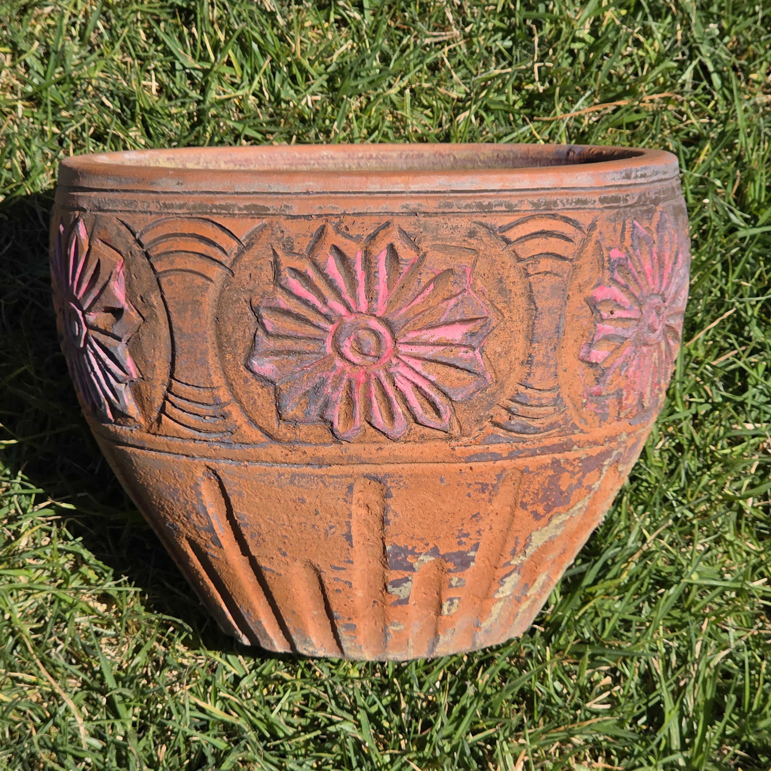 Vintage Terracotta Planter Clay Pot Carved Floral Rustic Garden Urn 12.5" x 9.5"