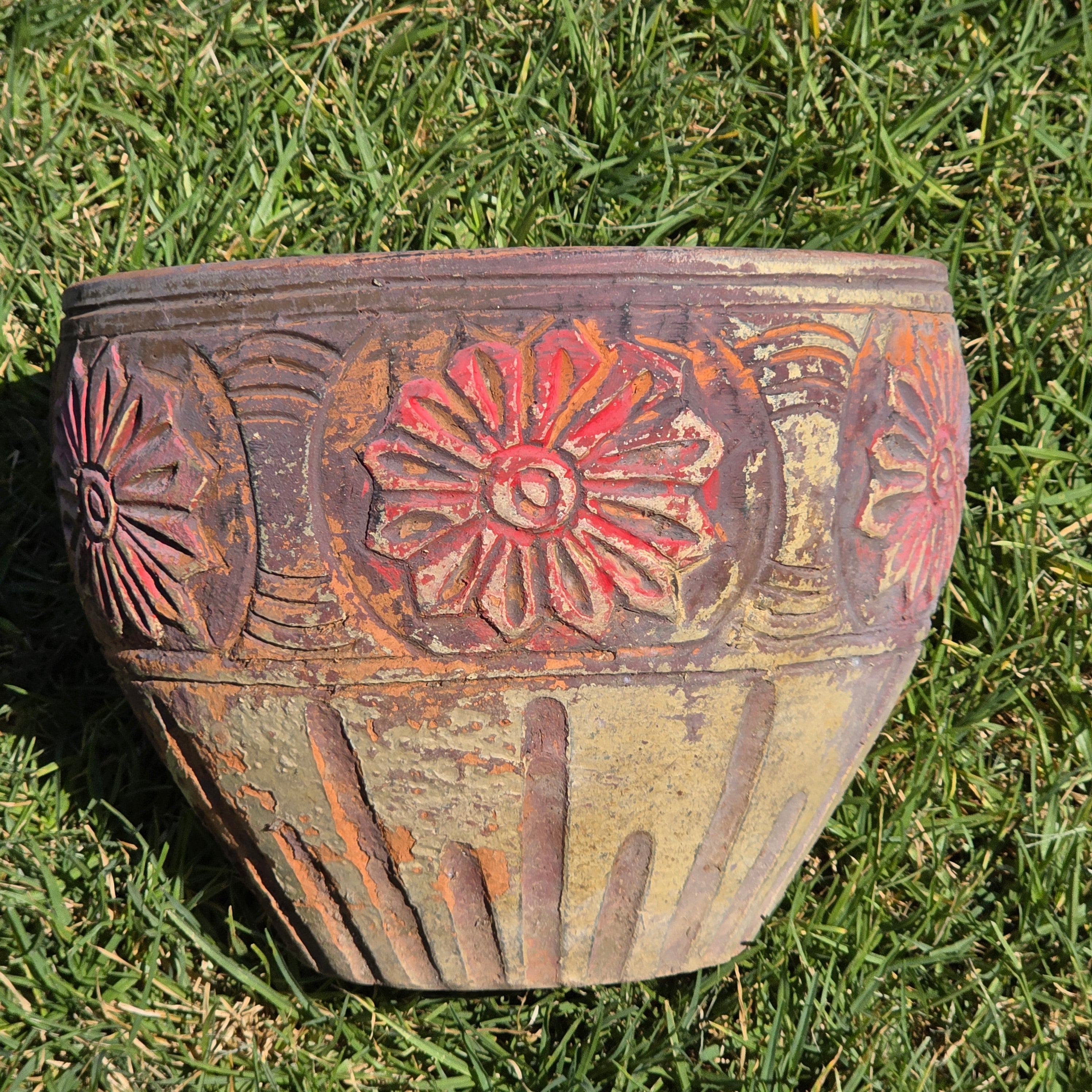 Vintage Terracotta Planter Clay Pot Carved Floral Rustic Garden Urn 12.5" x 9.5"