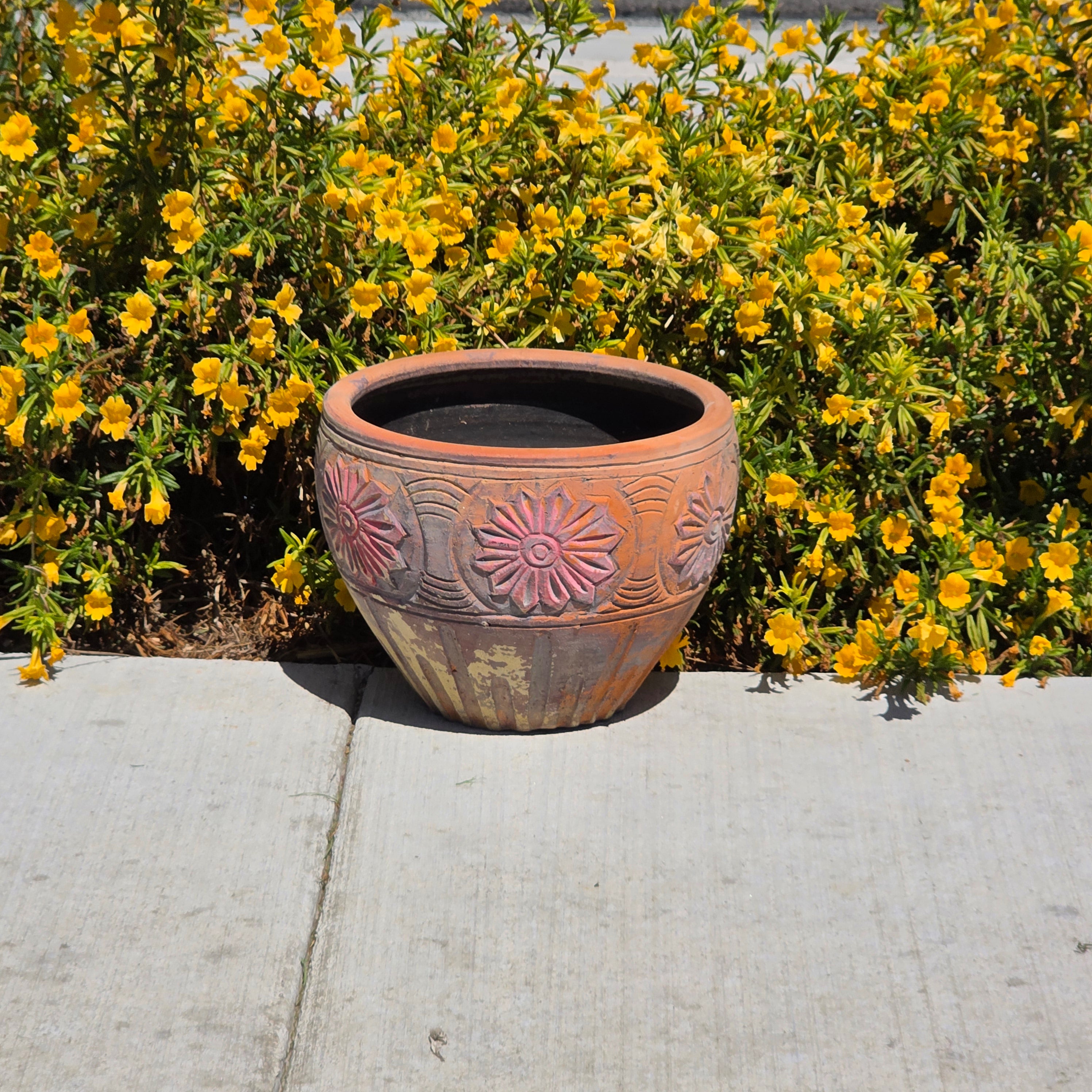 Vintage Terracotta Planter Clay Pot Carved Floral Rustic Garden Urn 12.5" x 9.5"
