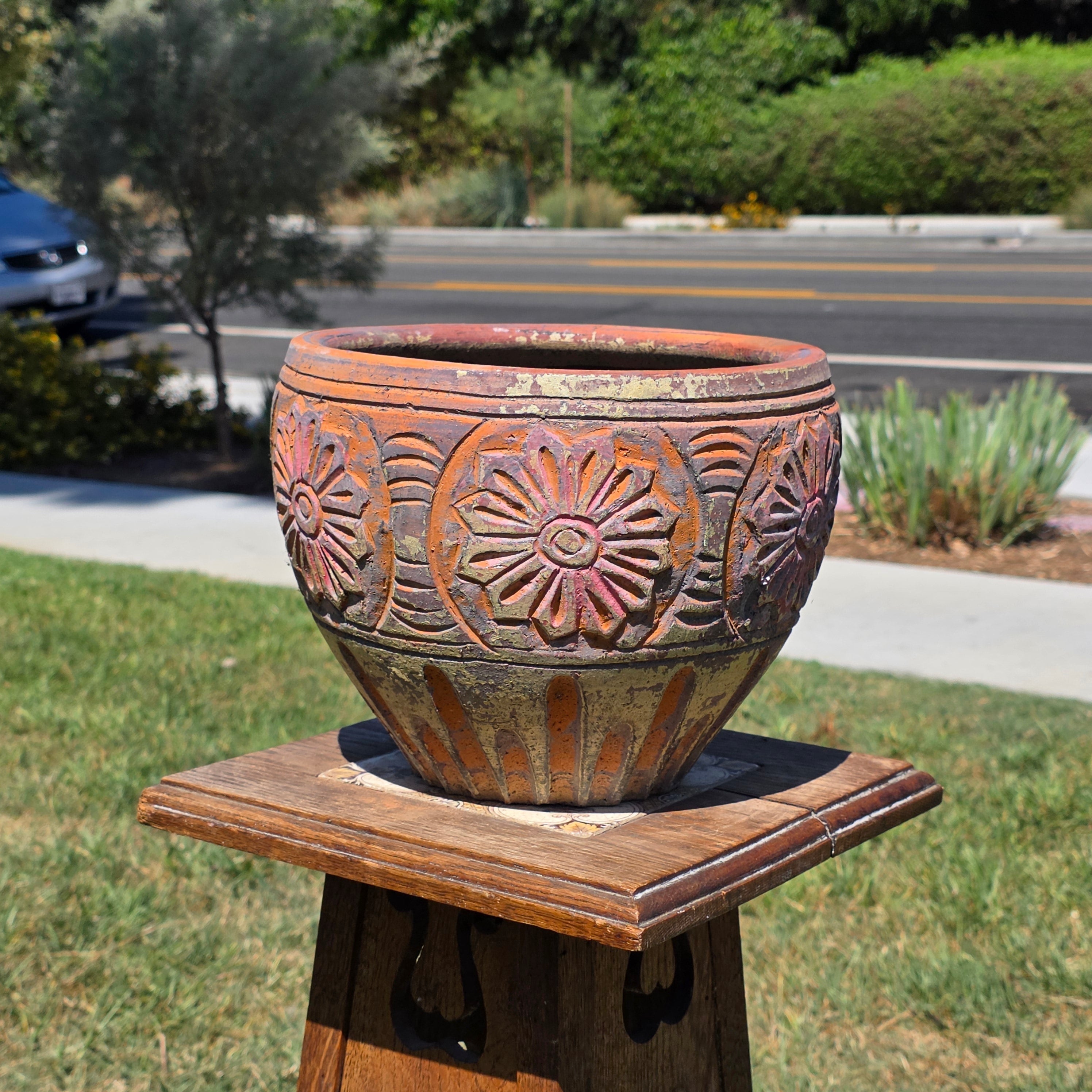 Vintage Terracotta Planter Clay Pot Carved Floral Rustic Garden Urn 10" x 8"