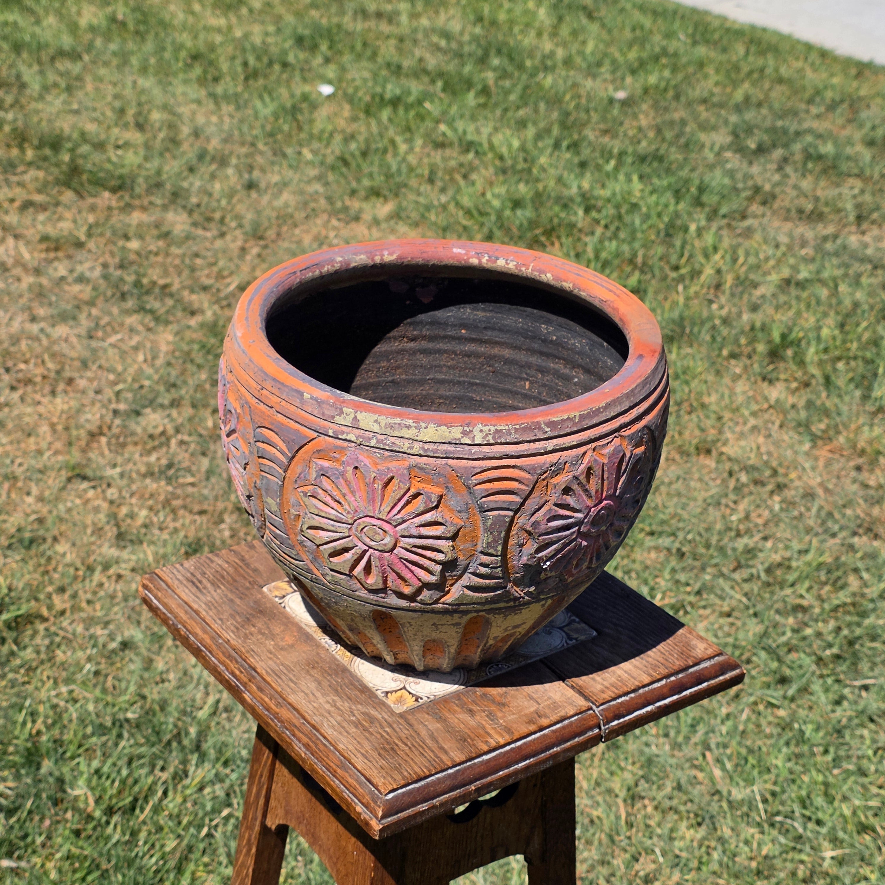 Vintage Terracotta Planter Clay Pot Carved Floral Rustic Garden Urn 10" x 8"