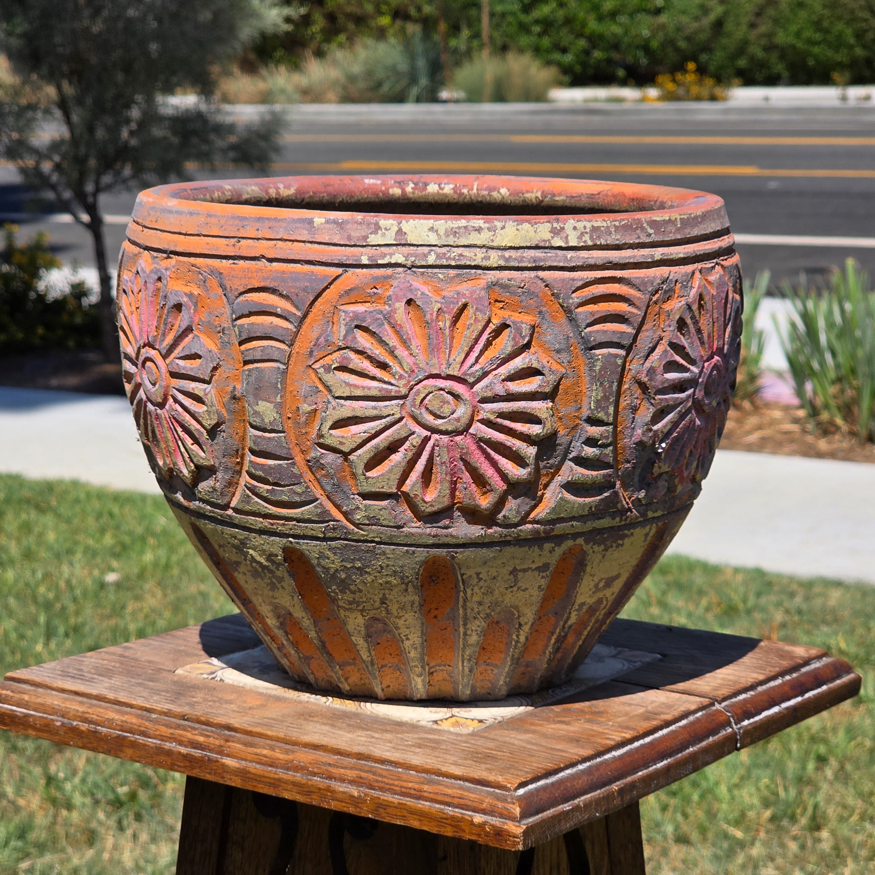 Vintage Terracotta Planter Clay Pot Carved Floral Rustic Garden Urn 10" x 8"