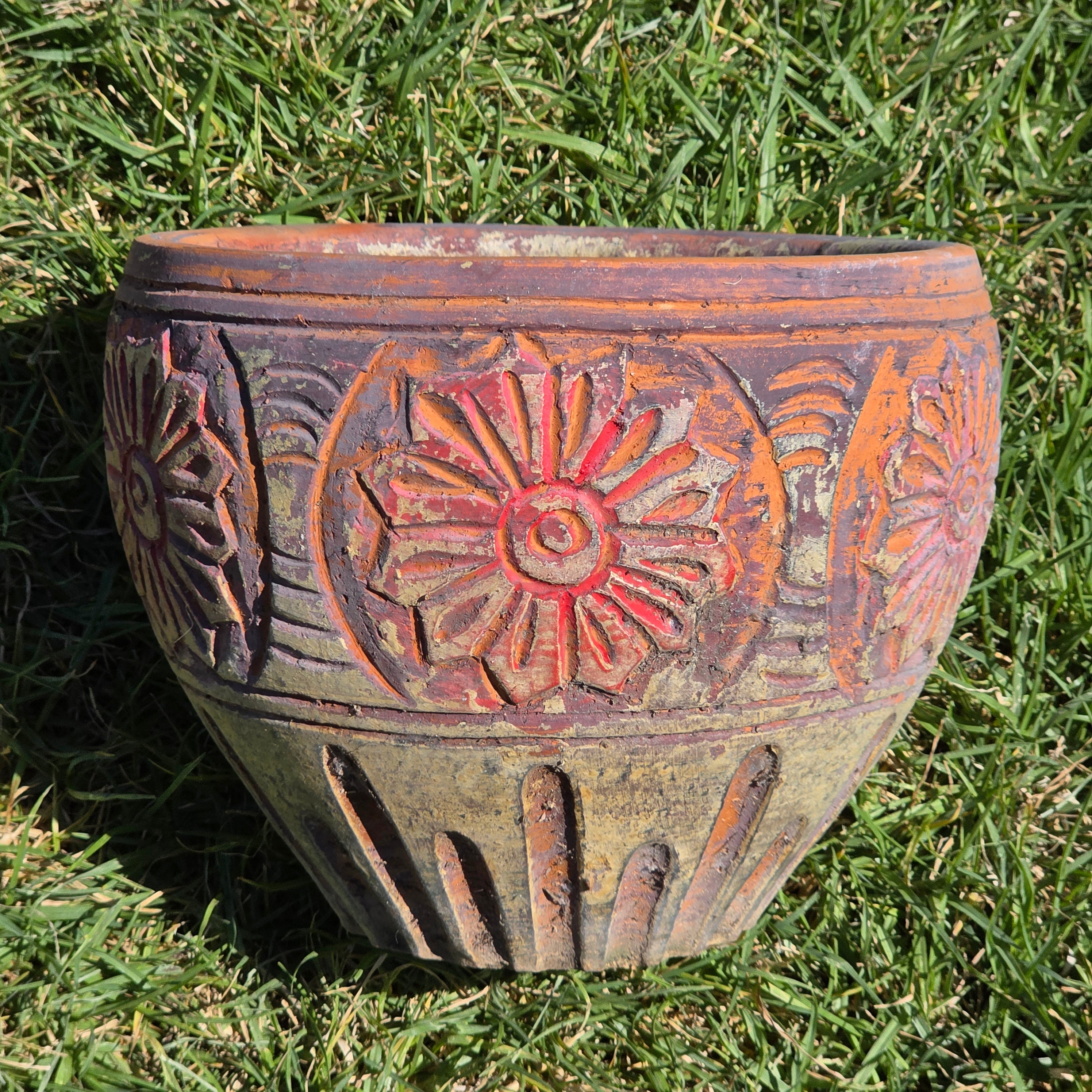 Vintage Terracotta Planter Clay Pot Carved Floral Rustic Garden Urn 10" x 8"