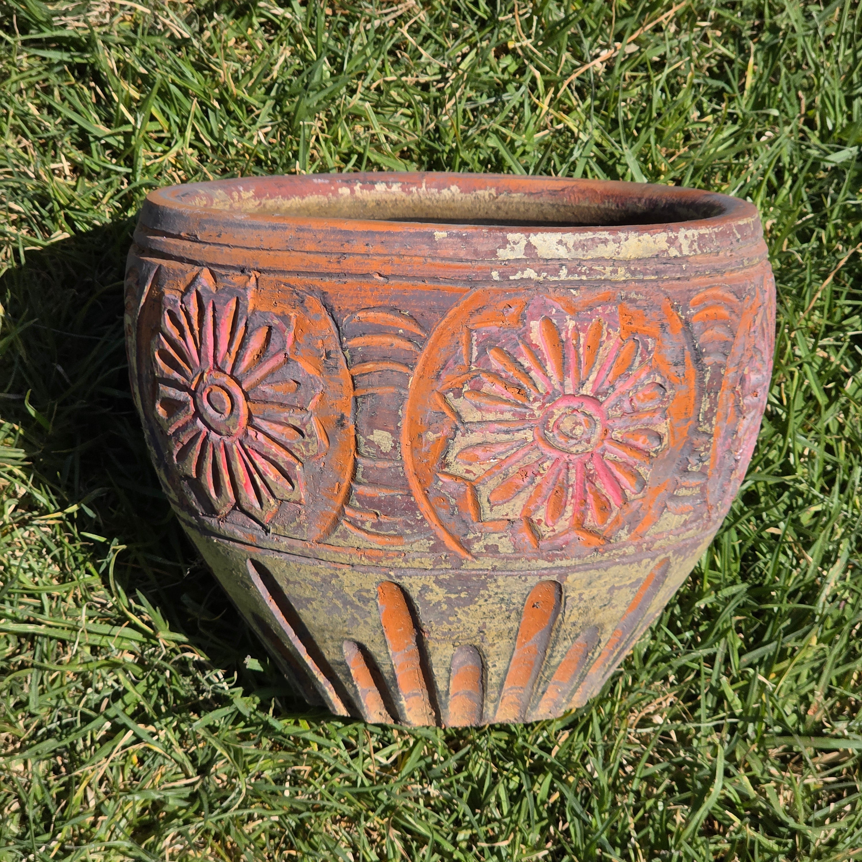 Vintage Terracotta Planter Clay Pot Carved Floral Rustic Garden Urn 10" x 8"