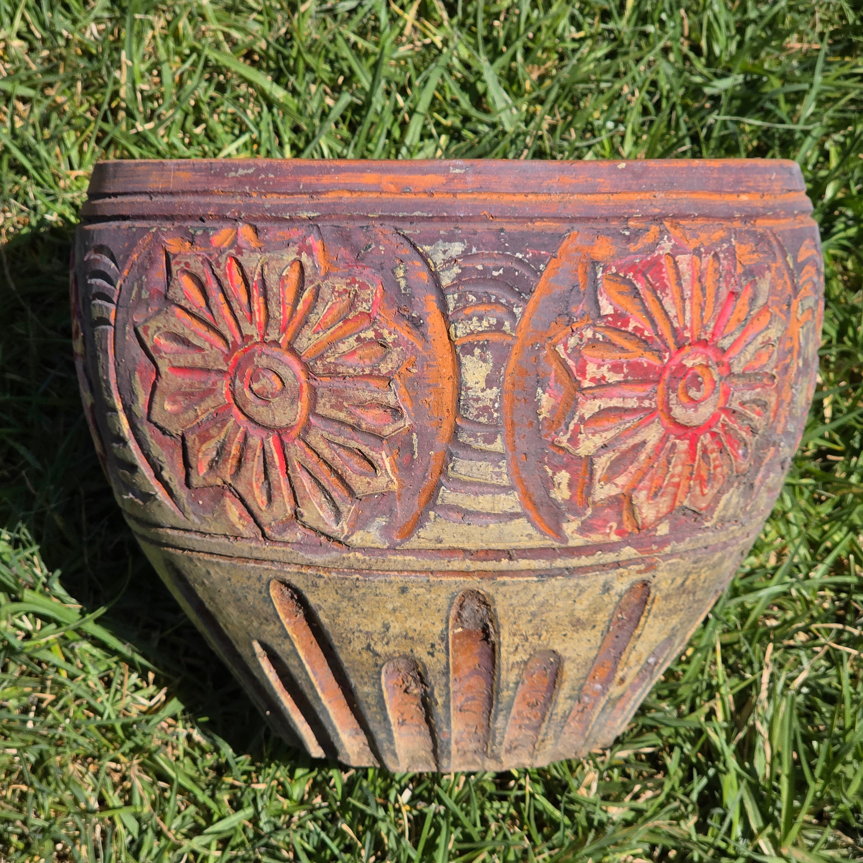 Vintage Terracotta Planter Clay Pot Carved Floral Rustic Garden Urn 10" x 8"