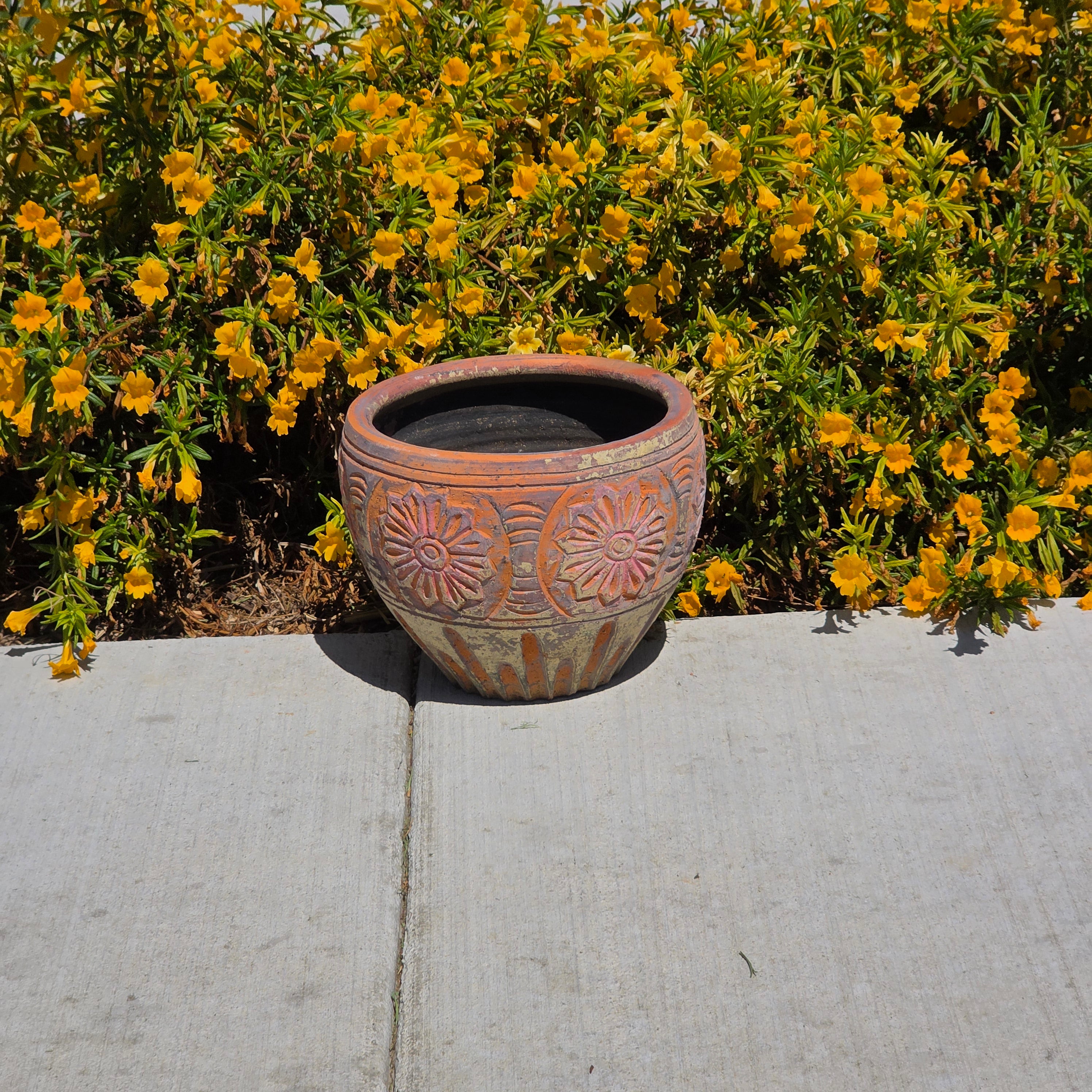 Vintage Terracotta Planter Clay Pot Carved Floral Rustic Garden Urn 10" x 8"