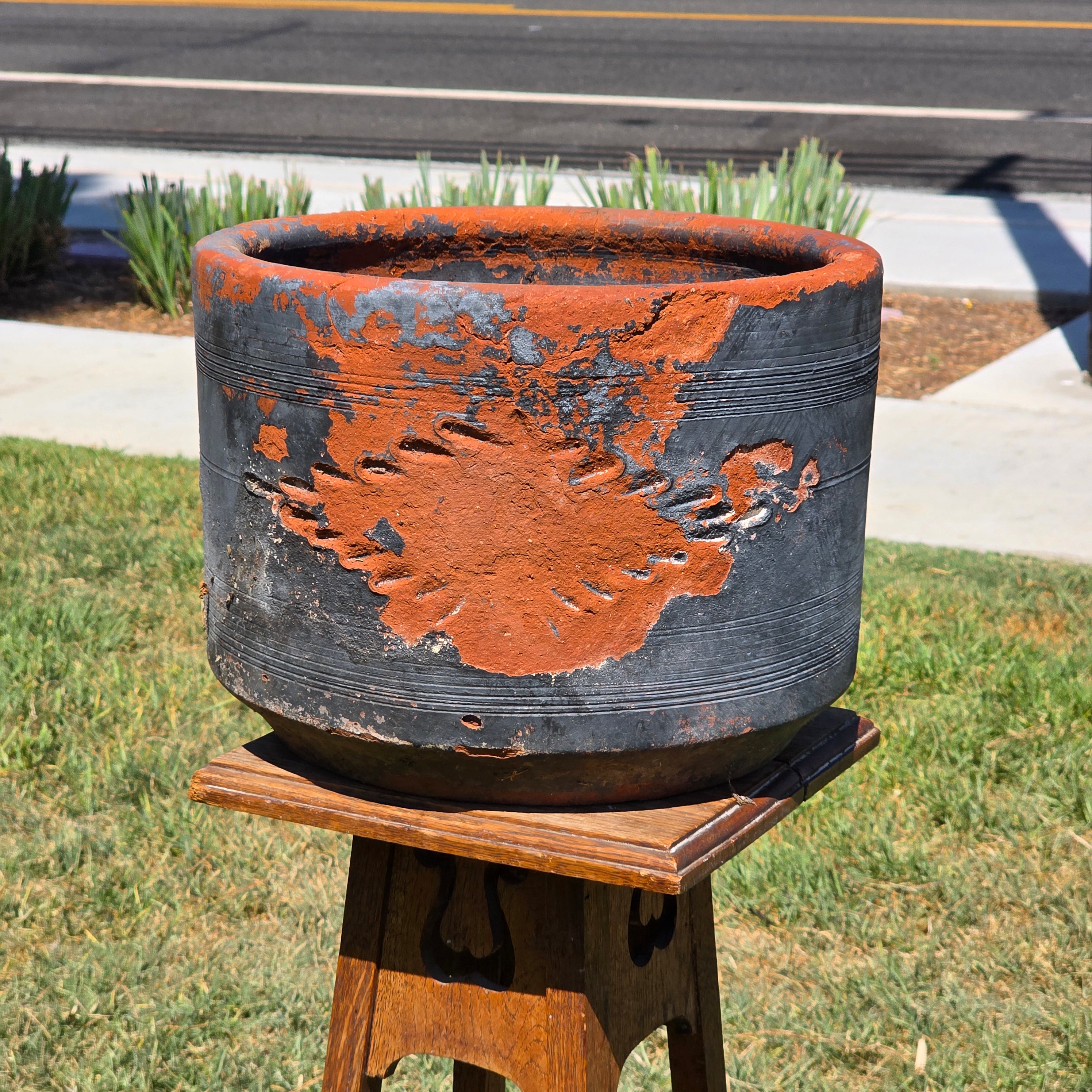 Vintage Mexican Terracotta Planter Pot Ocean Blue Clay Garden Rustic Folk Art 14"