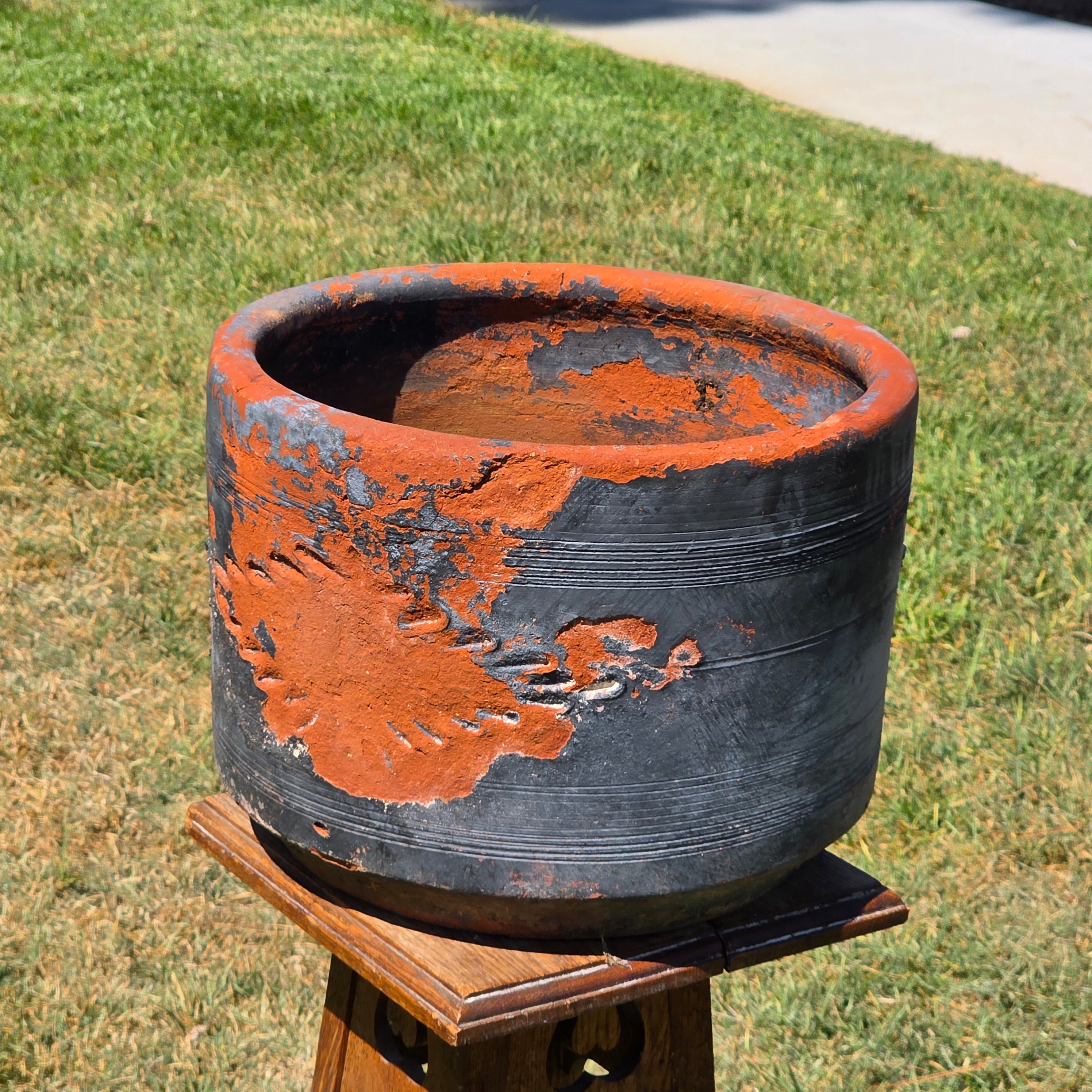 Vintage Mexican Terracotta Planter Pot Ocean Blue Clay Garden Rustic Folk Art 14"