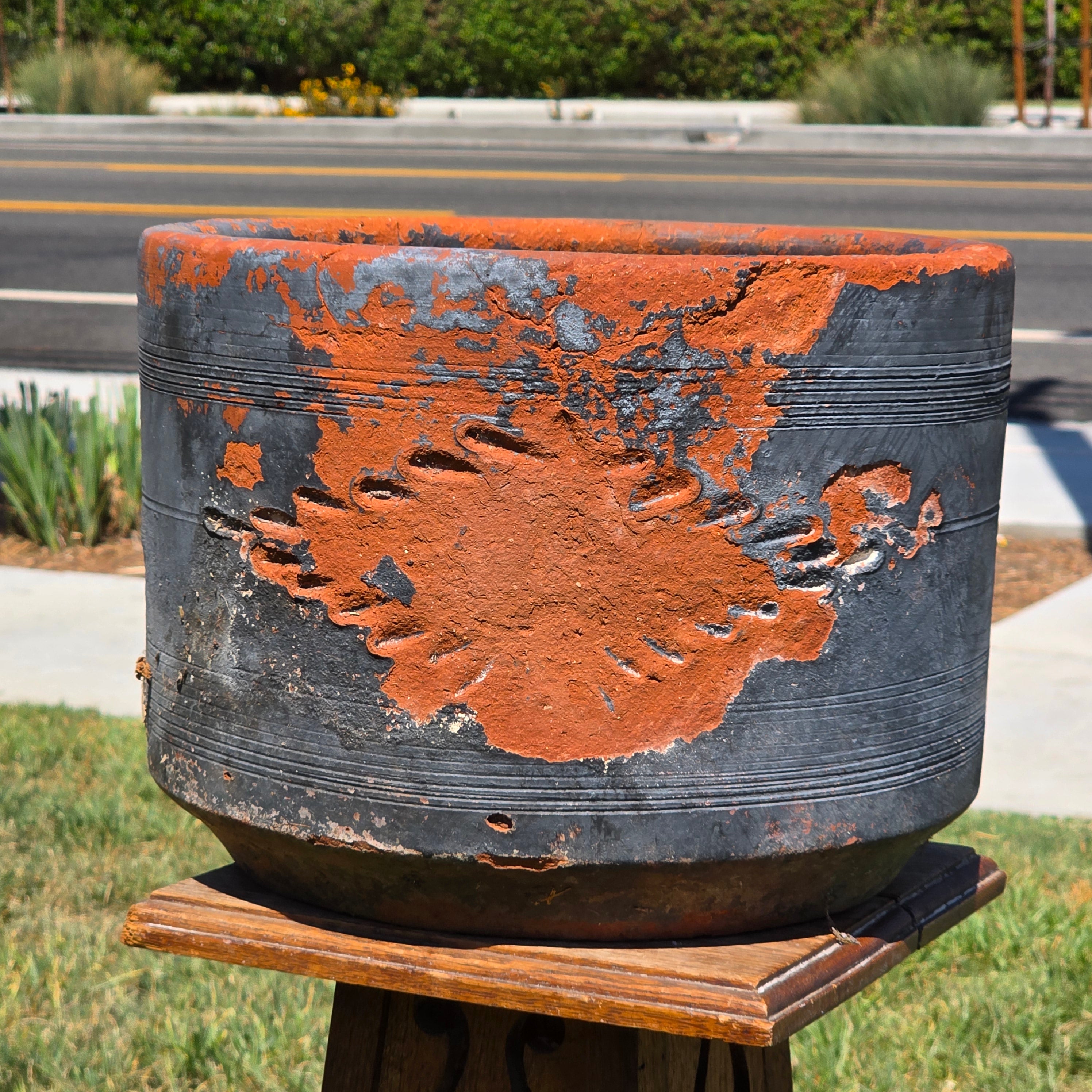 Vintage Mexican Terracotta Planter Pot Ocean Blue Clay Garden Rustic Folk Art 14"