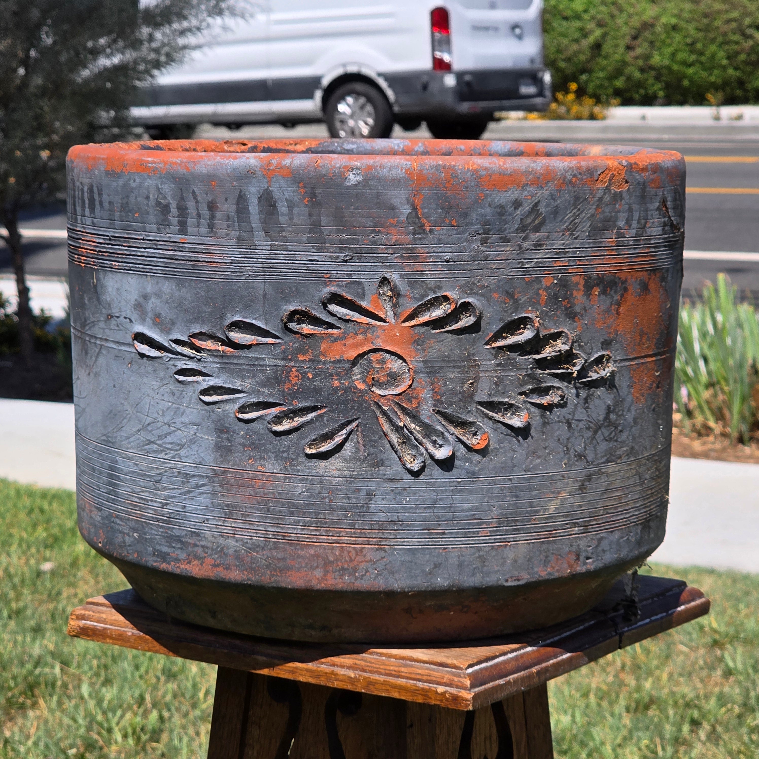 Vintage Mexican Terracotta Planter Pot Ocean Blue Clay Garden Rustic Folk Art 14"
