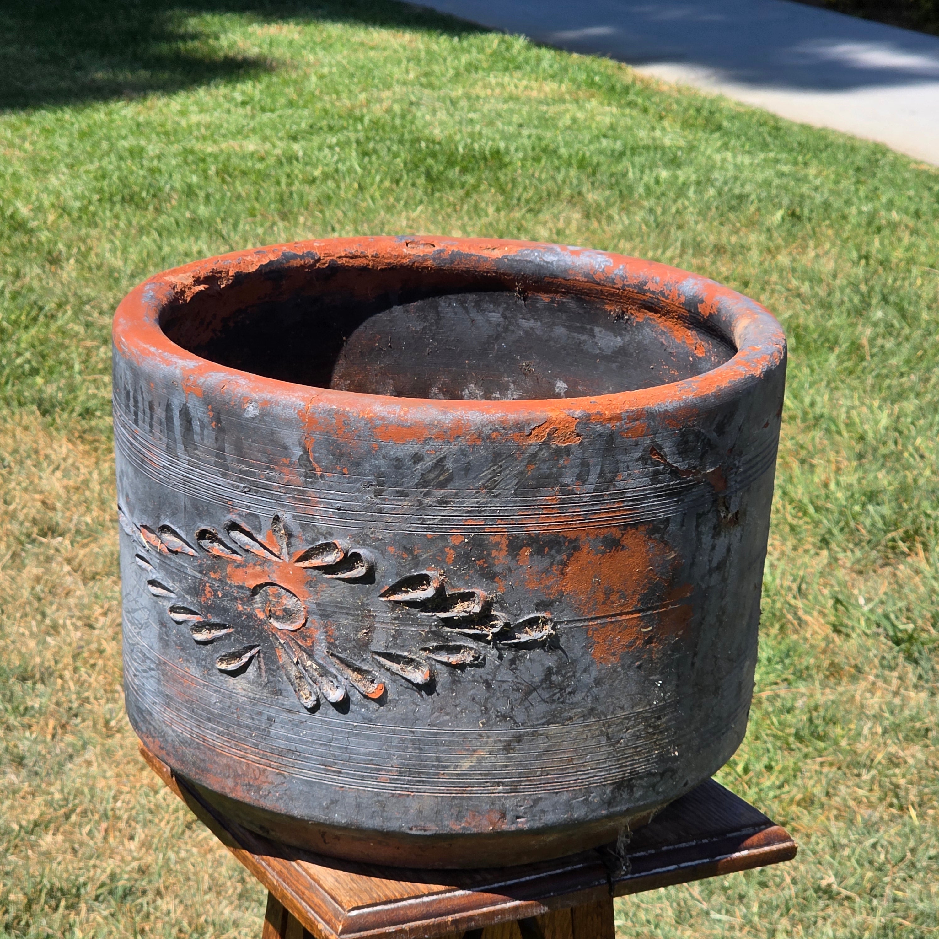Vintage Mexican Terracotta Planter Pot Ocean Blue Clay Garden Rustic Folk Art 14"