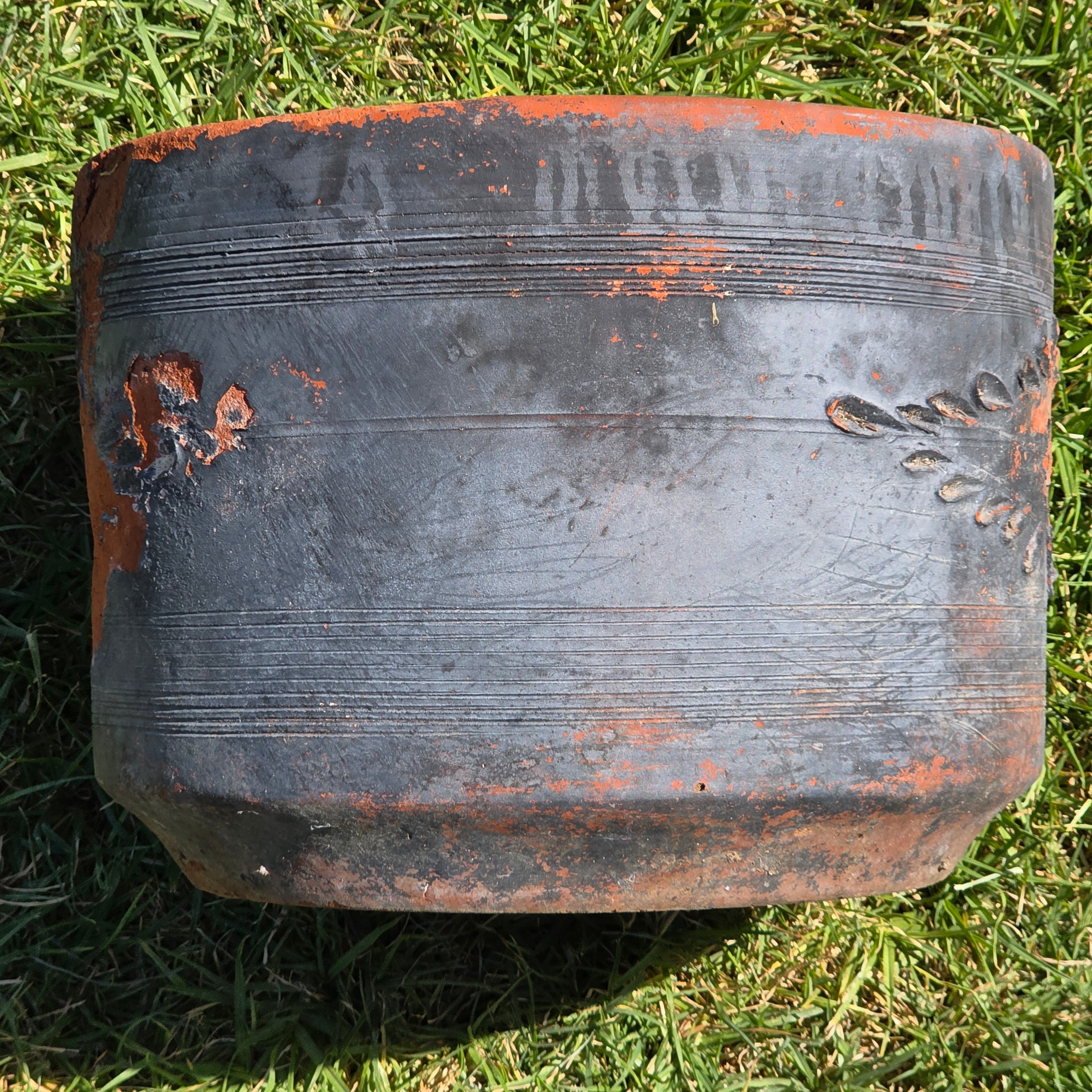 Vintage Mexican Terracotta Planter Pot Ocean Blue Clay Garden Rustic Folk Art 14"