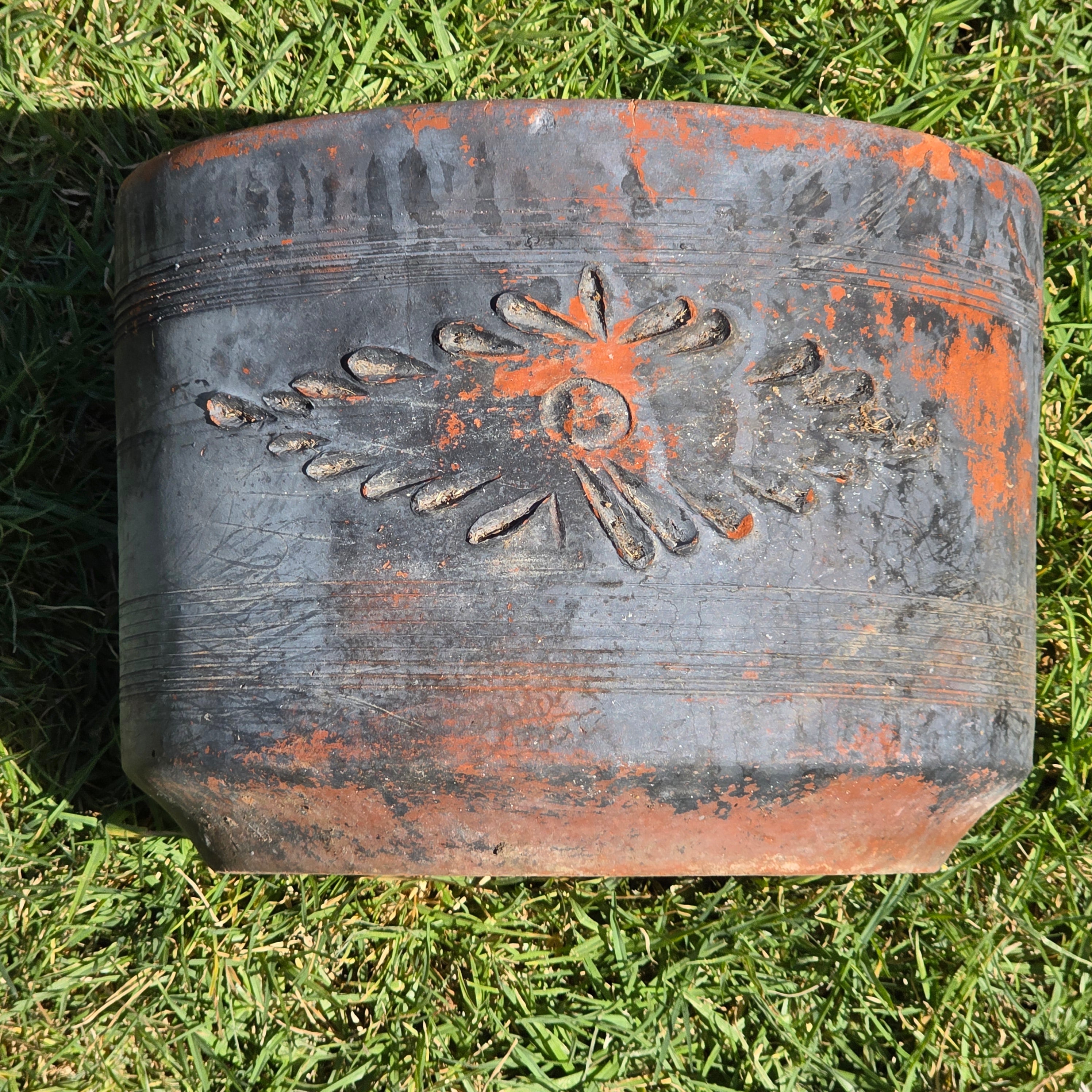 Vintage Mexican Terracotta Planter Pot Ocean Blue Clay Garden Rustic Folk Art 14"