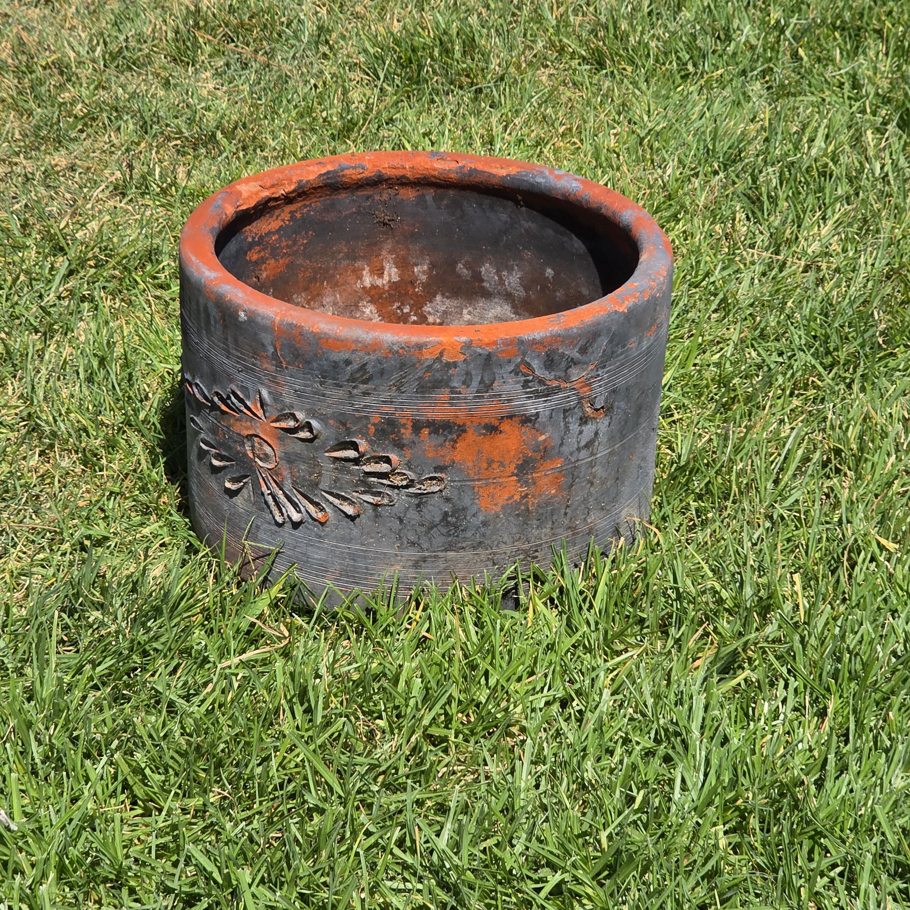 Vintage Mexican Terracotta Planter Pot Ocean Blue Clay Garden Rustic Folk Art 14"