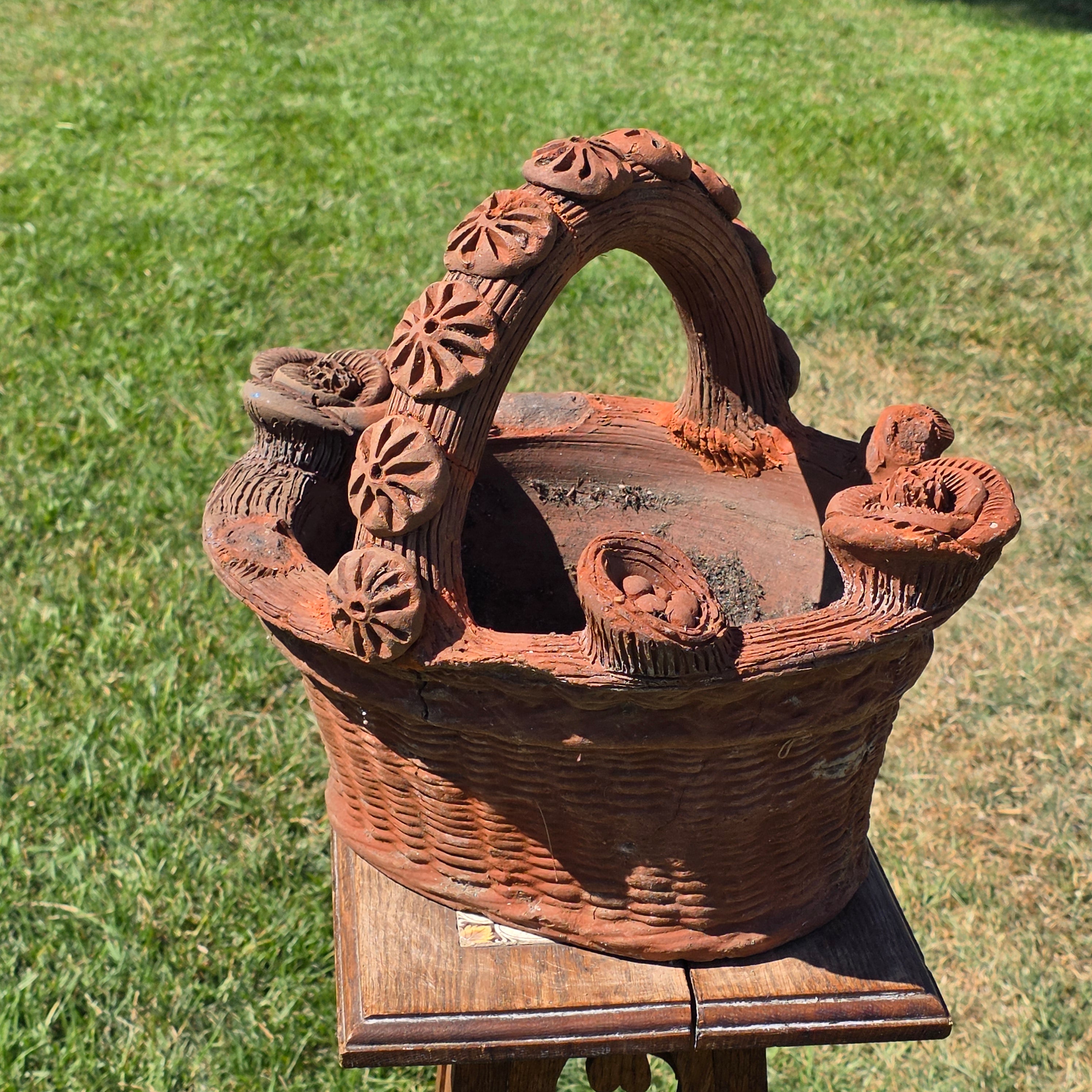Vintage Large Terracotta Clay Woven Basket Planter Mexican Folk Art Floral Pot (AS-IS)