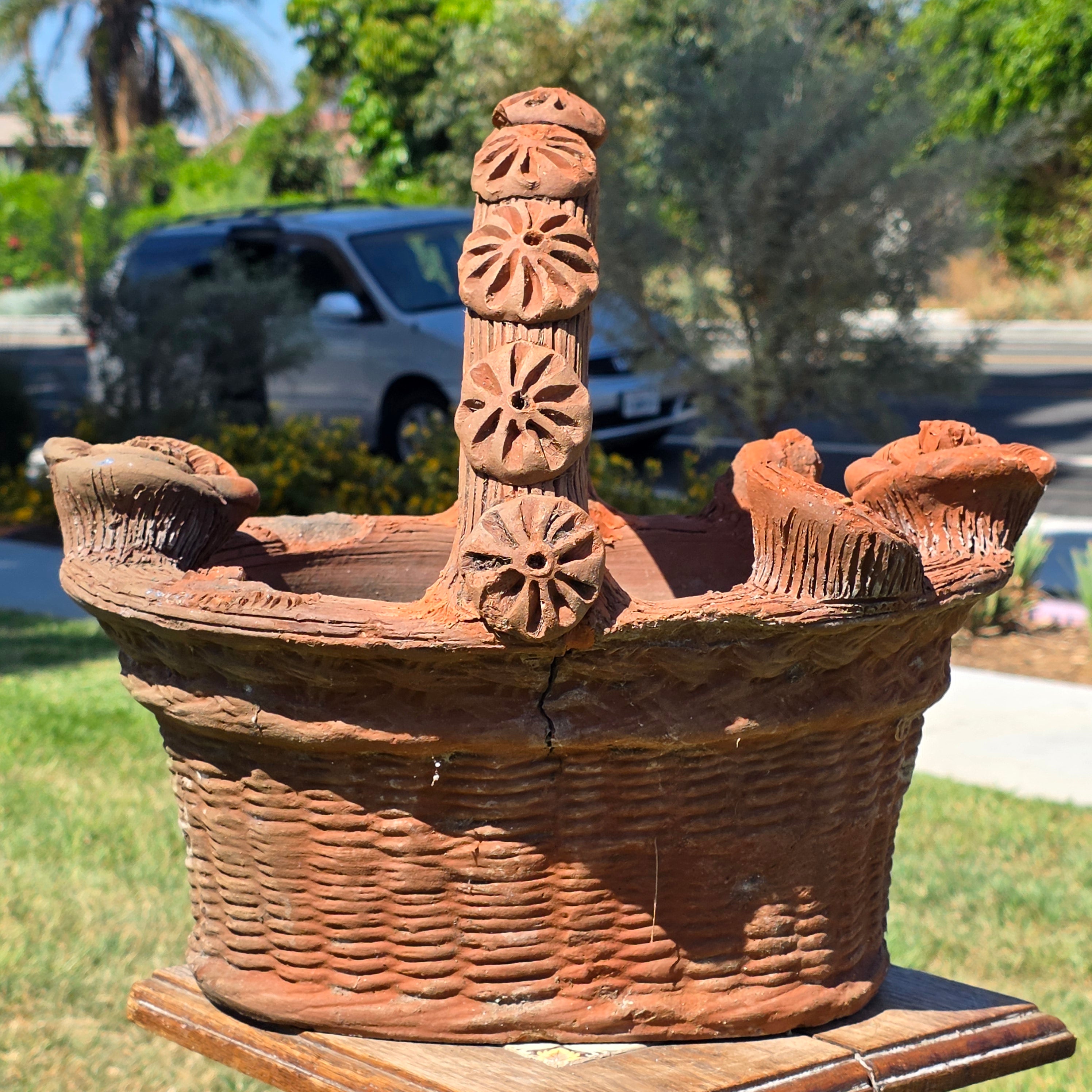 Vintage Large Terracotta Clay Woven Basket Planter Mexican Folk Art Floral Pot (AS-IS)
