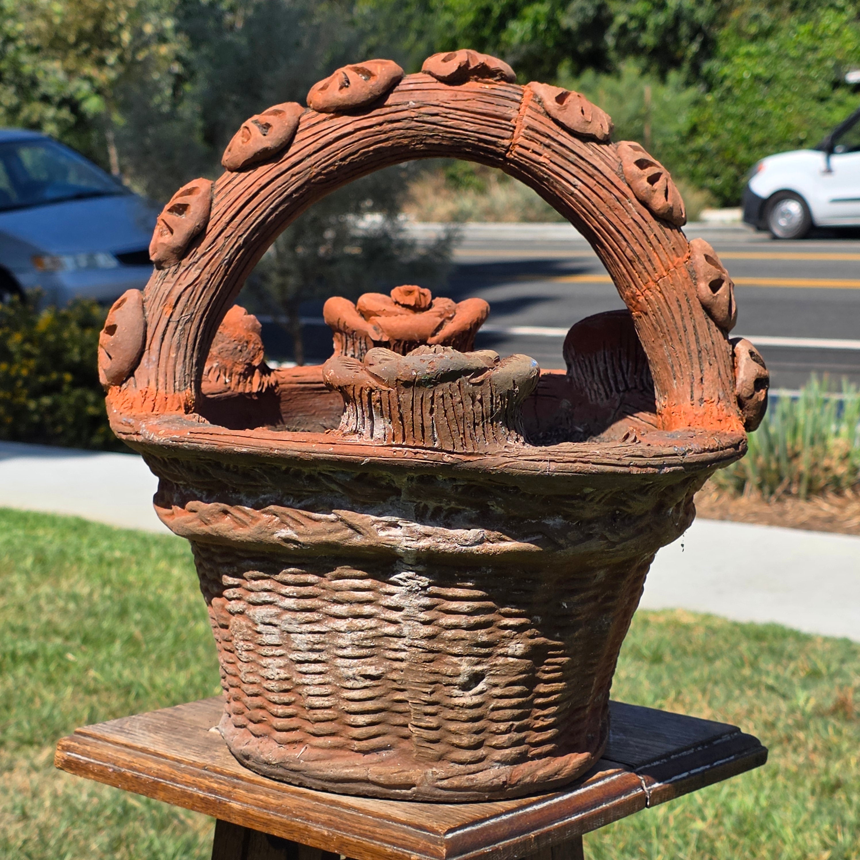 Vintage Large Terracotta Clay Woven Basket Planter Mexican Folk Art Floral Pot (AS-IS)