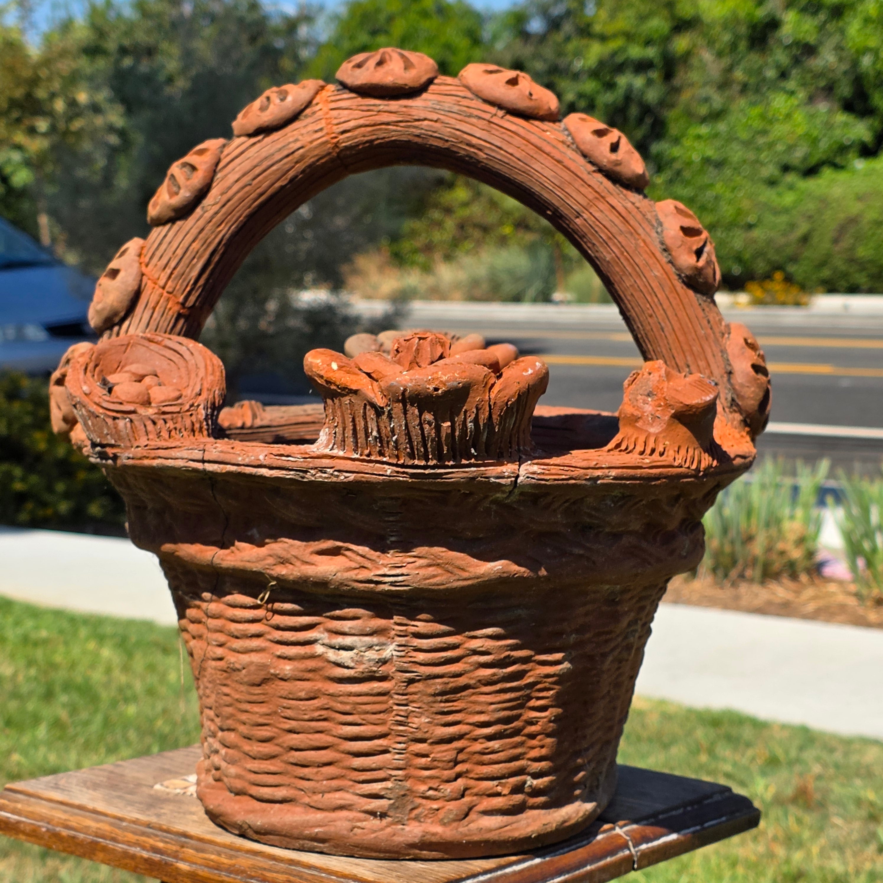 Vintage Large Terracotta Clay Woven Basket Planter Mexican Folk Art Floral Pot (AS-IS)