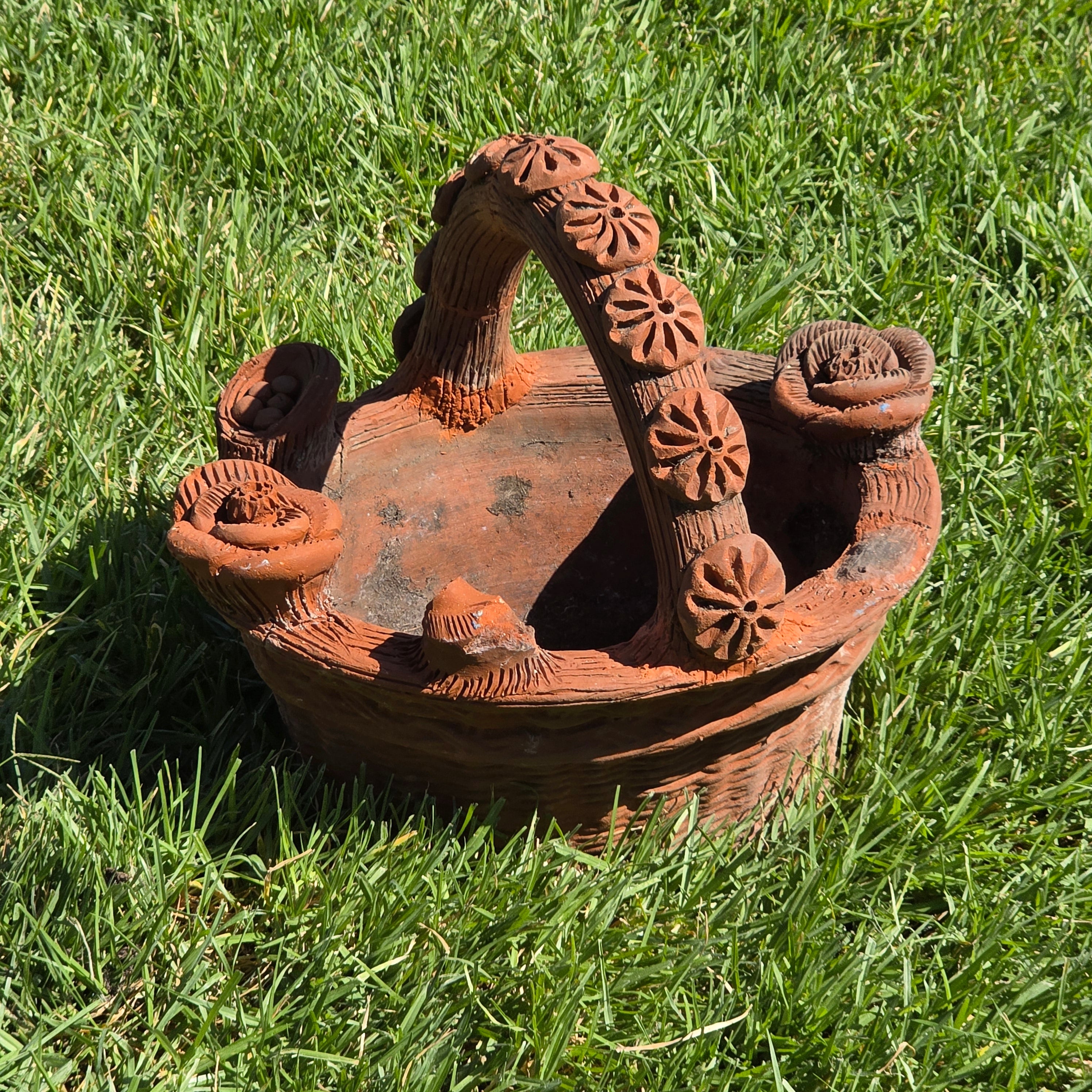 Vintage Large Terracotta Clay Woven Basket Planter Mexican Folk Art Floral Pot (AS-IS)