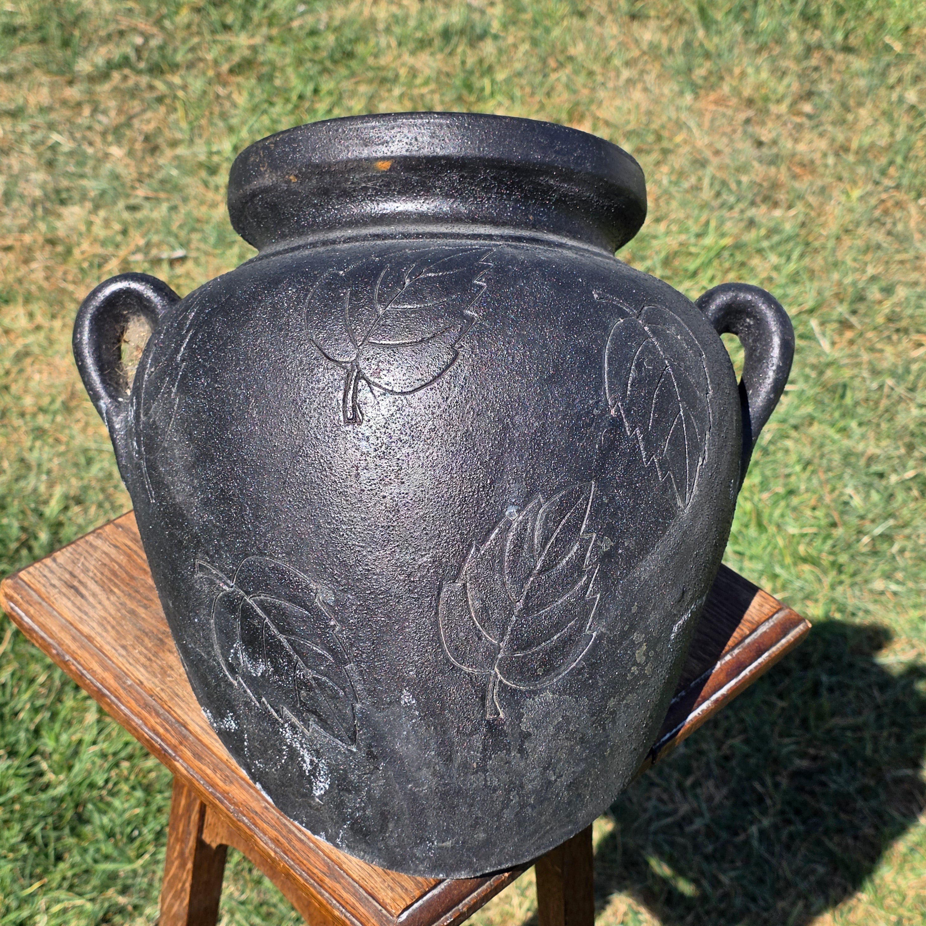 Vintage Black Terracotta Wall Planter Slanted Urn Jar Carved Leaf Garden Pot