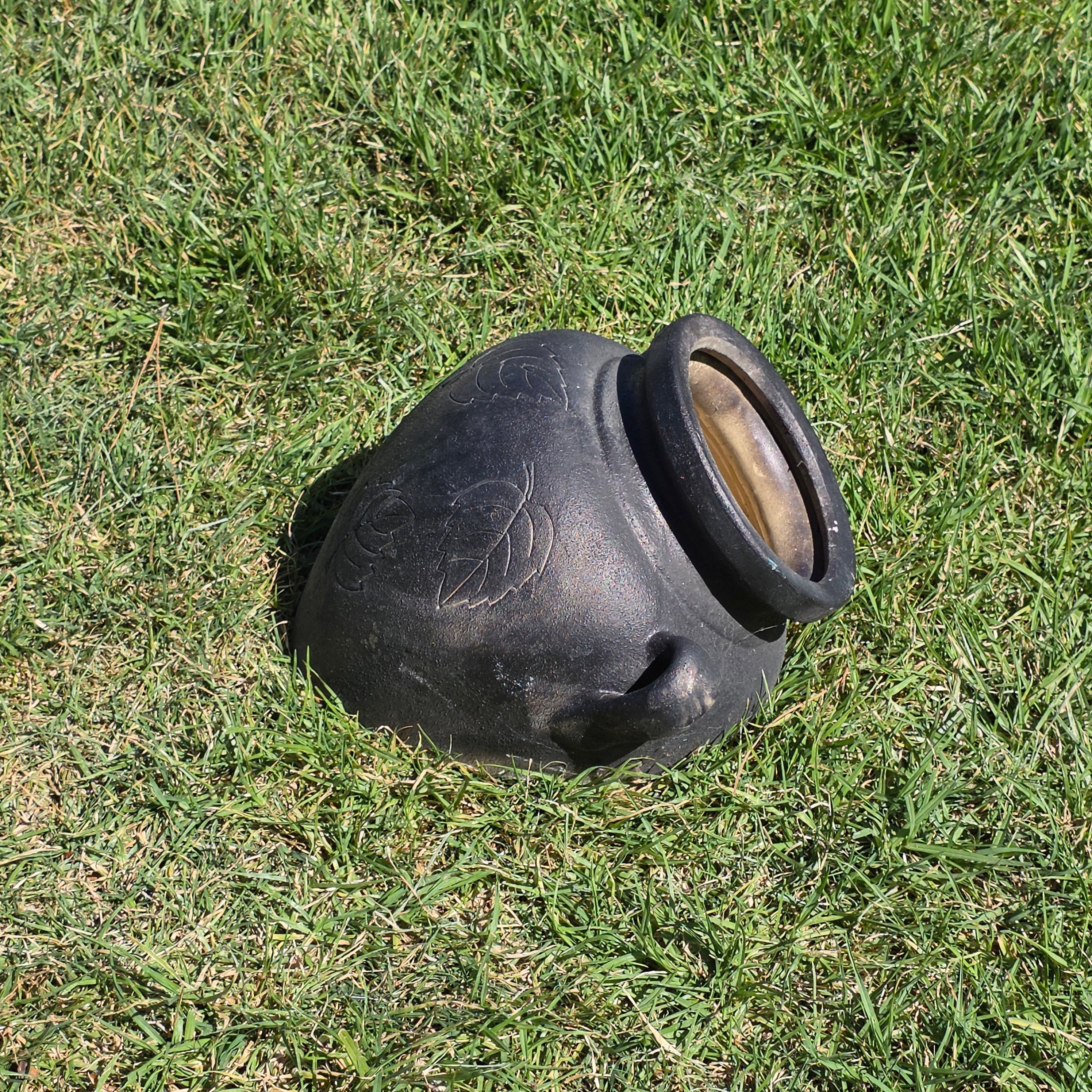 Vintage Black Terracotta Wall Planter Slanted Urn Jar Carved Leaf Garden Pot