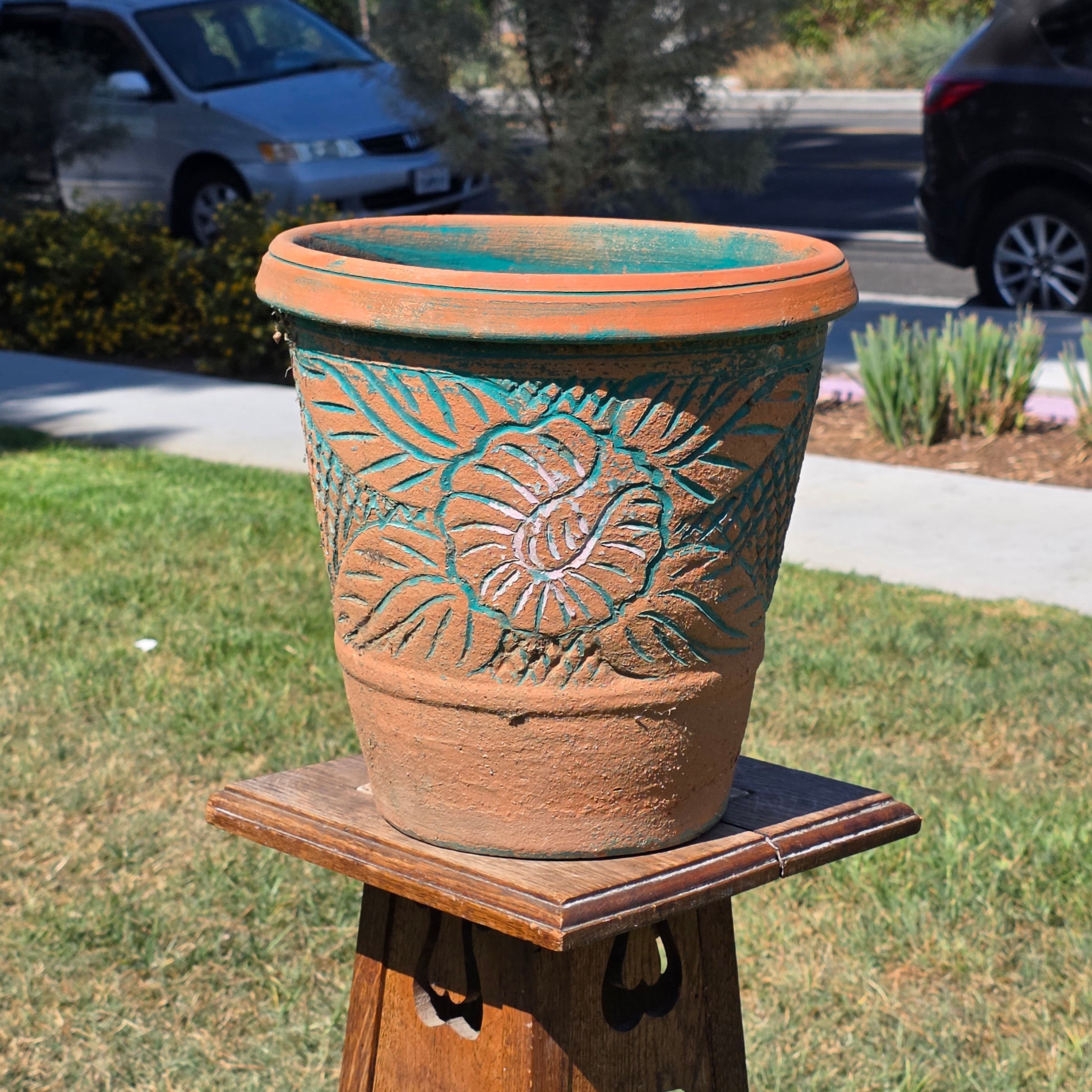 Vintage Southwestern Terracotta Planter Pot Turquoise Teal Carved Floral 12"