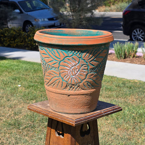 Vintage Southwestern Terracotta Planter Pot Turquoise Teal Carved Floral 12"
